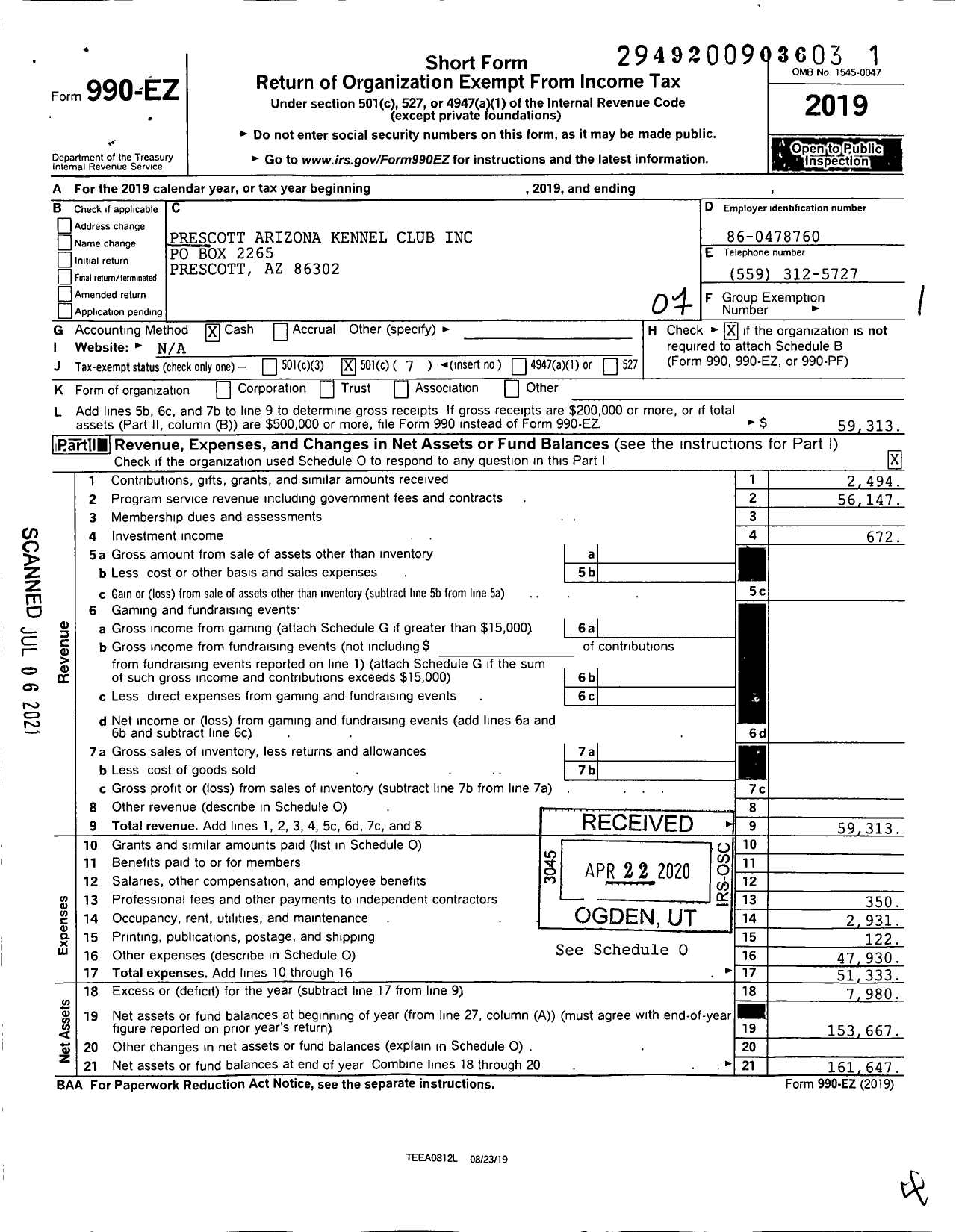 Image of first page of 2019 Form 990EO for Prescott Arizona Kennel Club