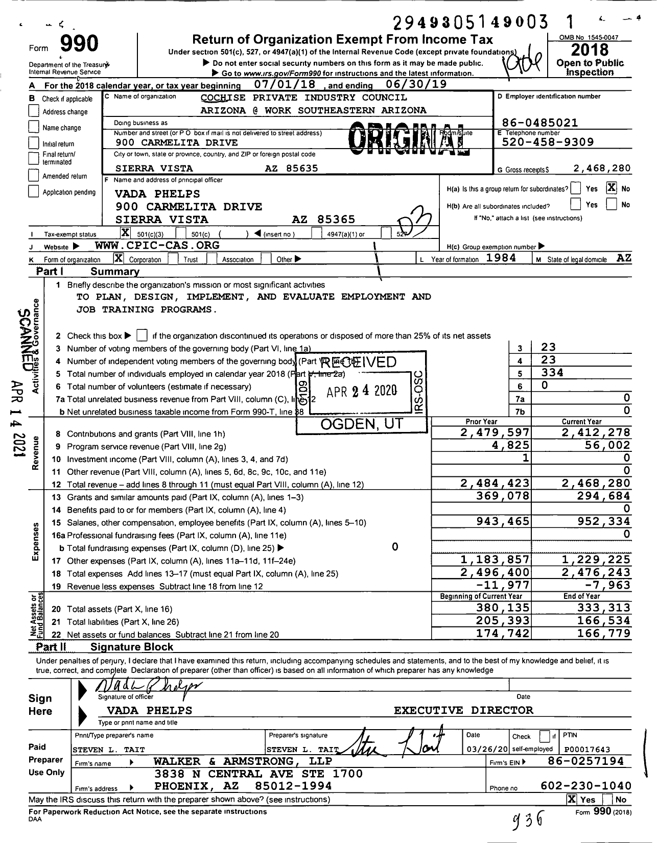 Image of first page of 2018 Form 990 for Cochise County Workforce Development (CCWD)