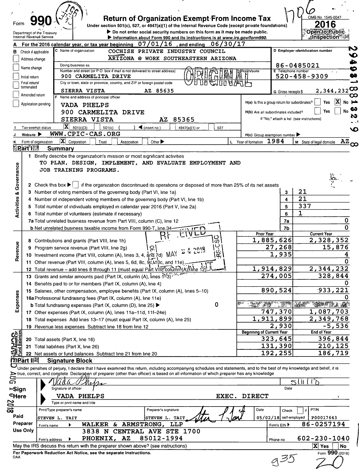 Image of first page of 2016 Form 990 for Cochise County Workforce Development (CCWD)