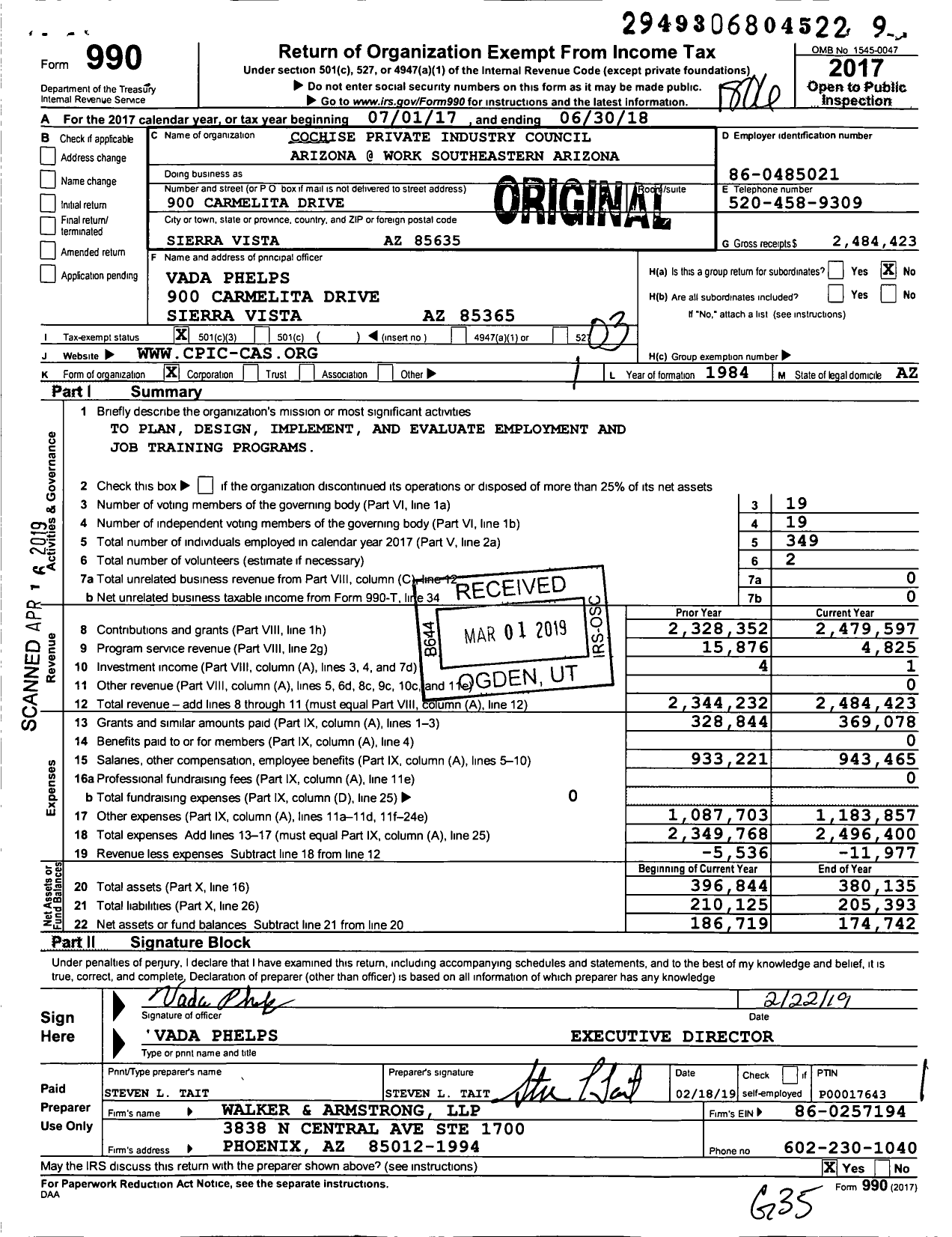 Image of first page of 2017 Form 990 for Cochise County Workforce Development (CCWD)
