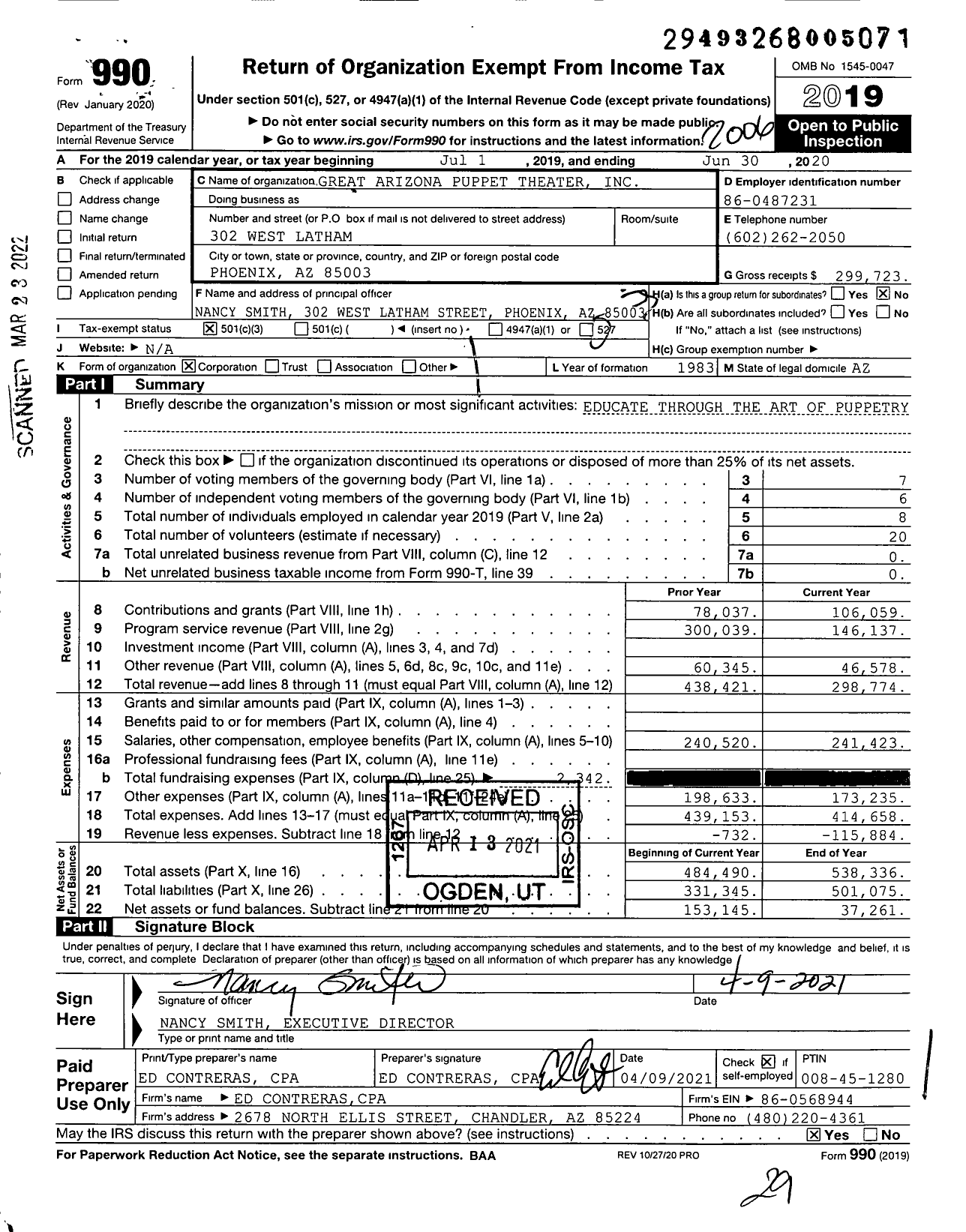 Image of first page of 2019 Form 990 for Great Arizona Puppet Theater