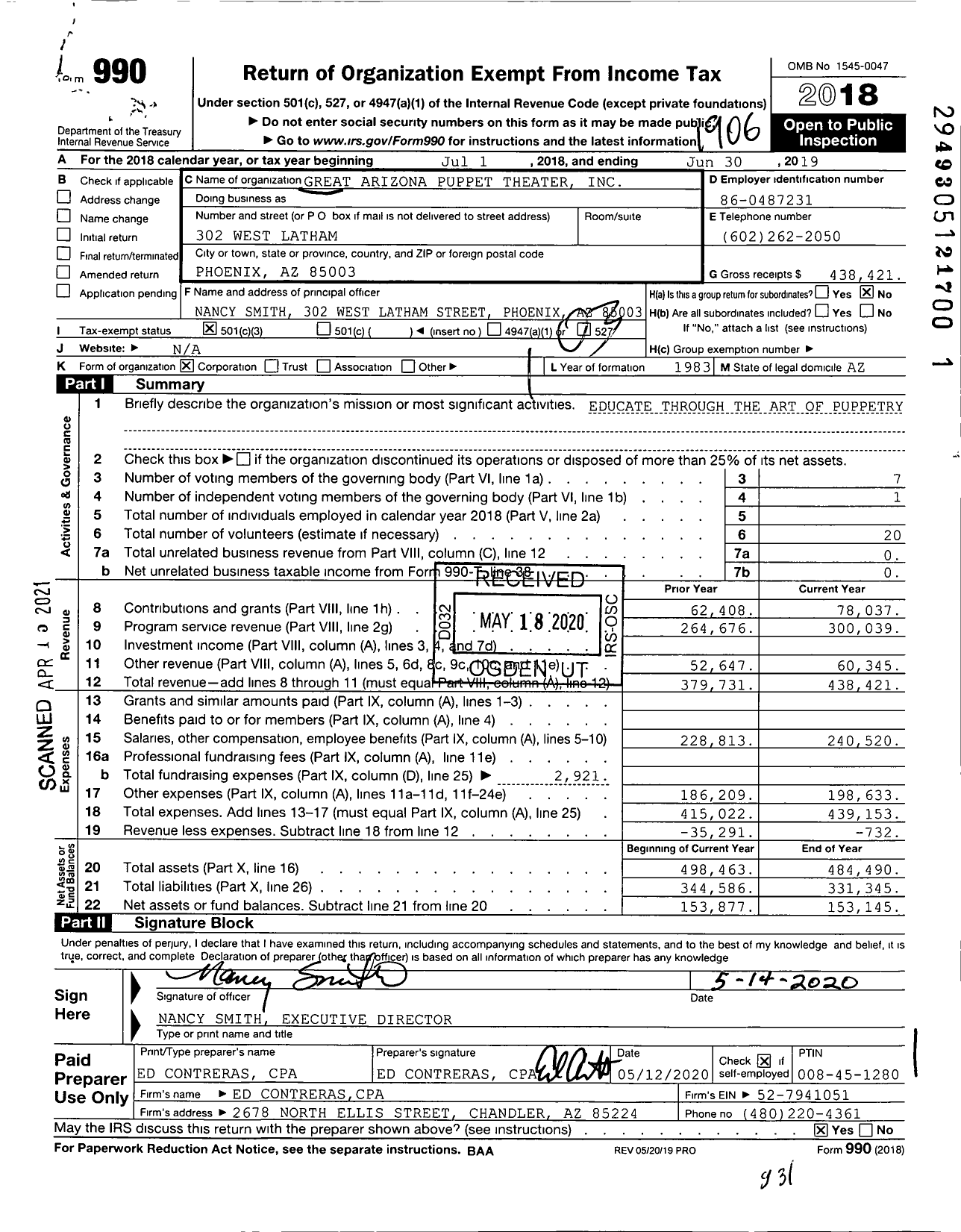 Image of first page of 2018 Form 990 for Great Arizona Puppet Theater