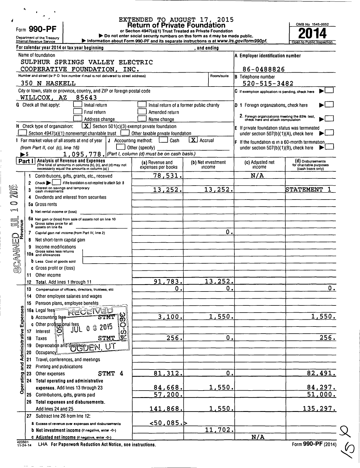 Image of first page of 2014 Form 990PF for Sulphur Springs Valley Electric Cooperative Foundation