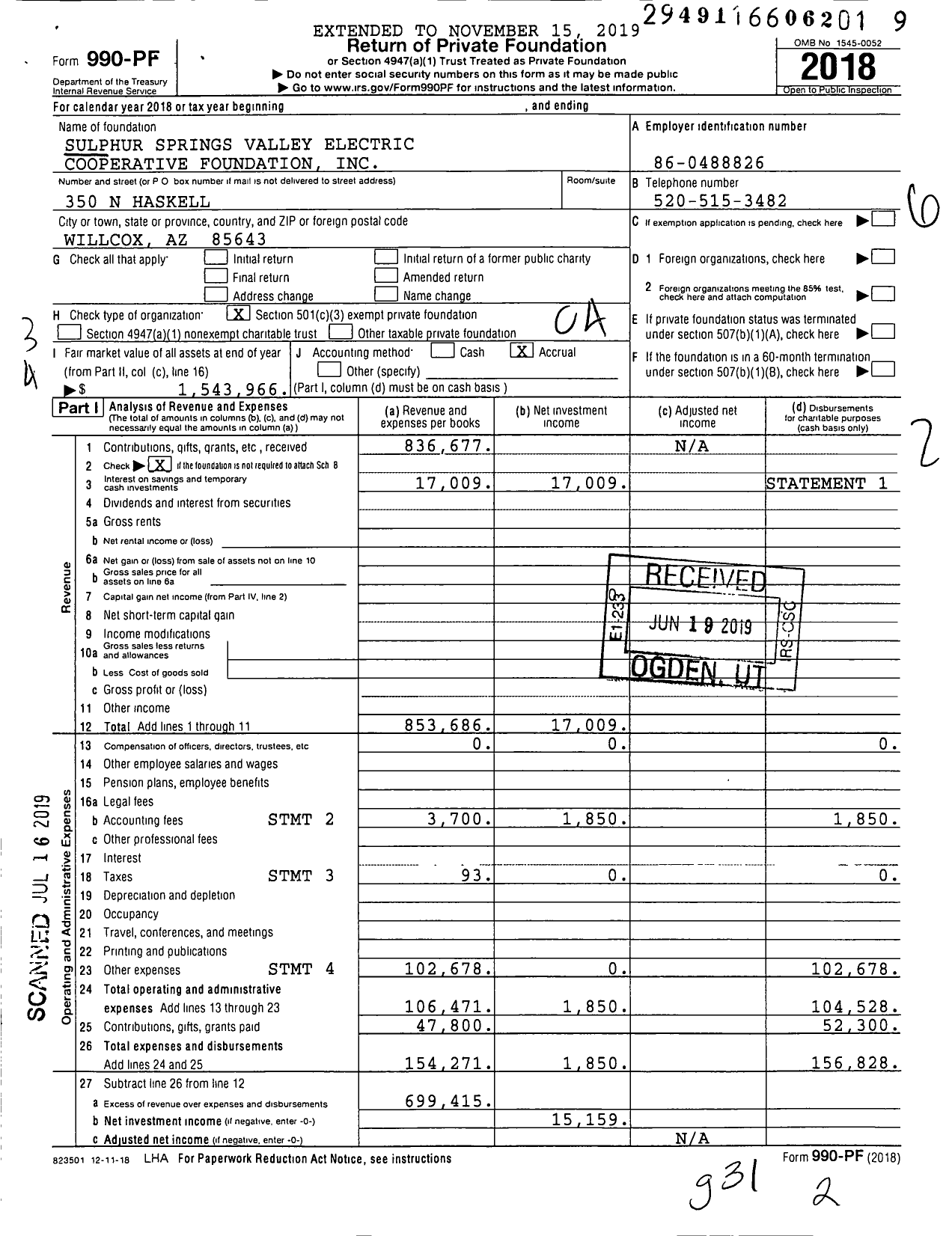 Image of first page of 2018 Form 990PF for Sulphur Springs Valley Electric Cooperative Foundation