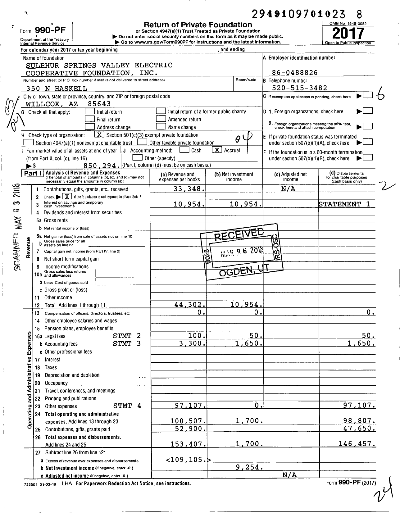 Image of first page of 2017 Form 990PF for Sulphur Springs Valley Electric Cooperative Foundation