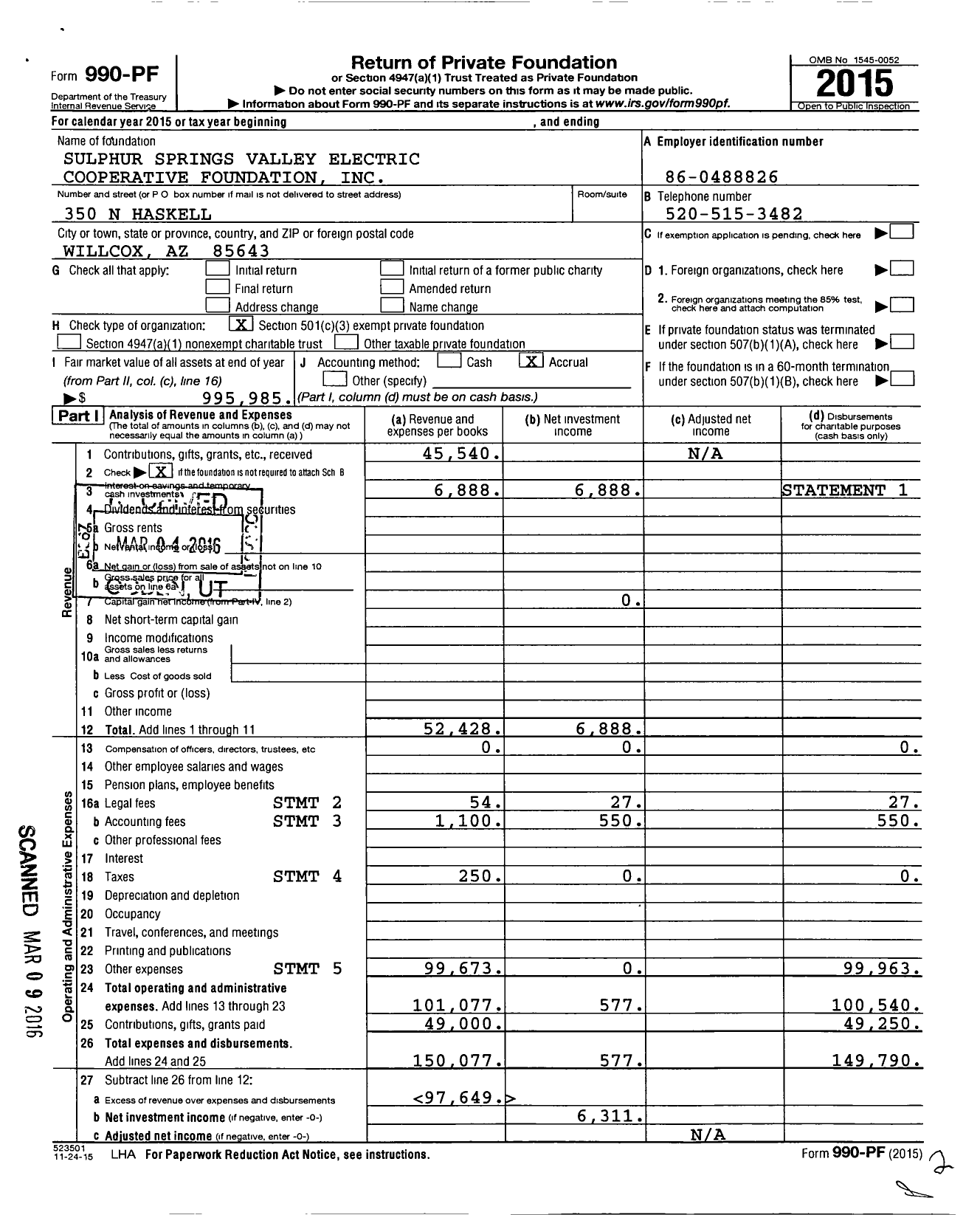 Image of first page of 2015 Form 990PF for Sulphur Springs Valley Electric Cooperative Foundation