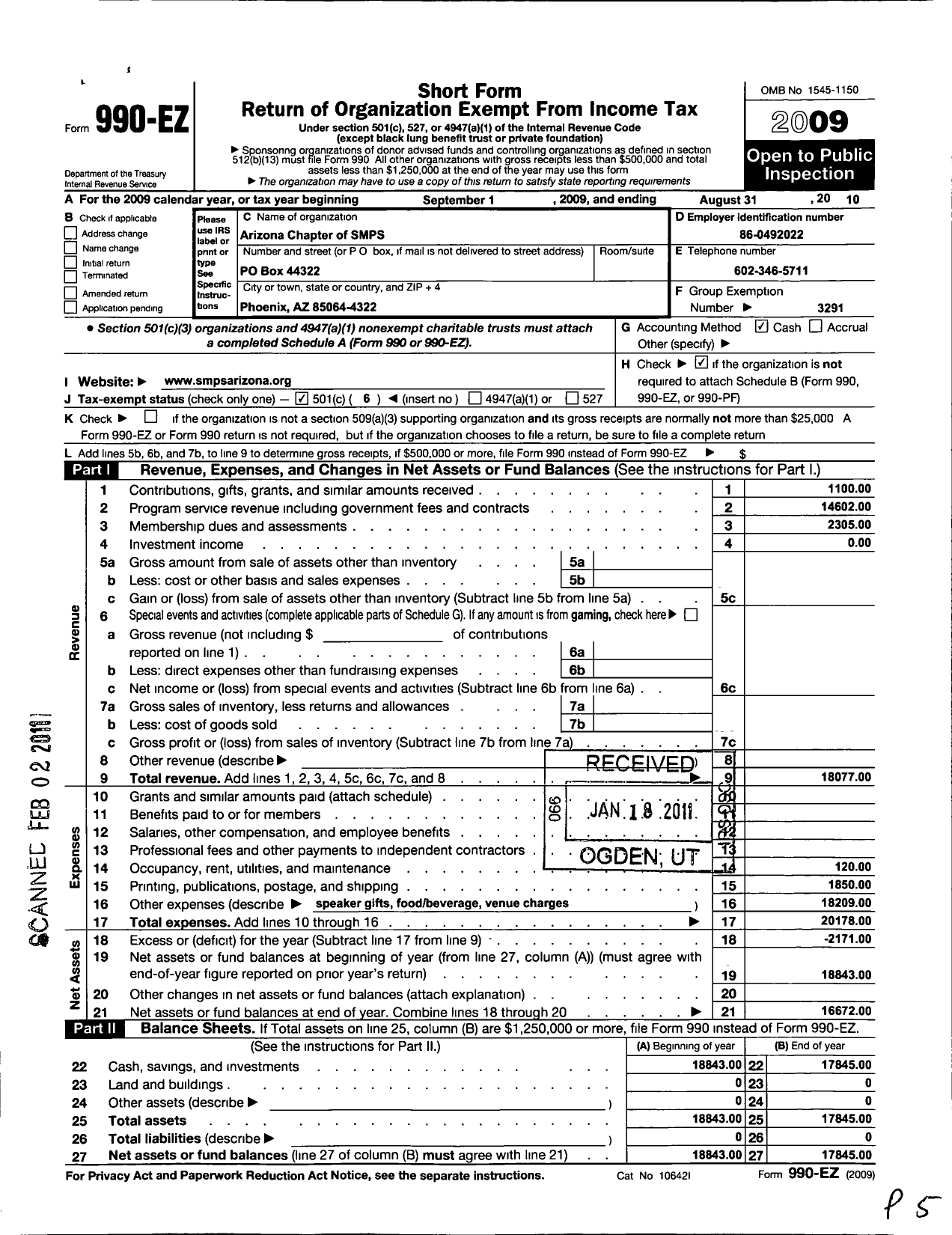 Image of first page of 2009 Form 990EO for Society for Marketing Professional Services / Arizona Chapter of SMPS