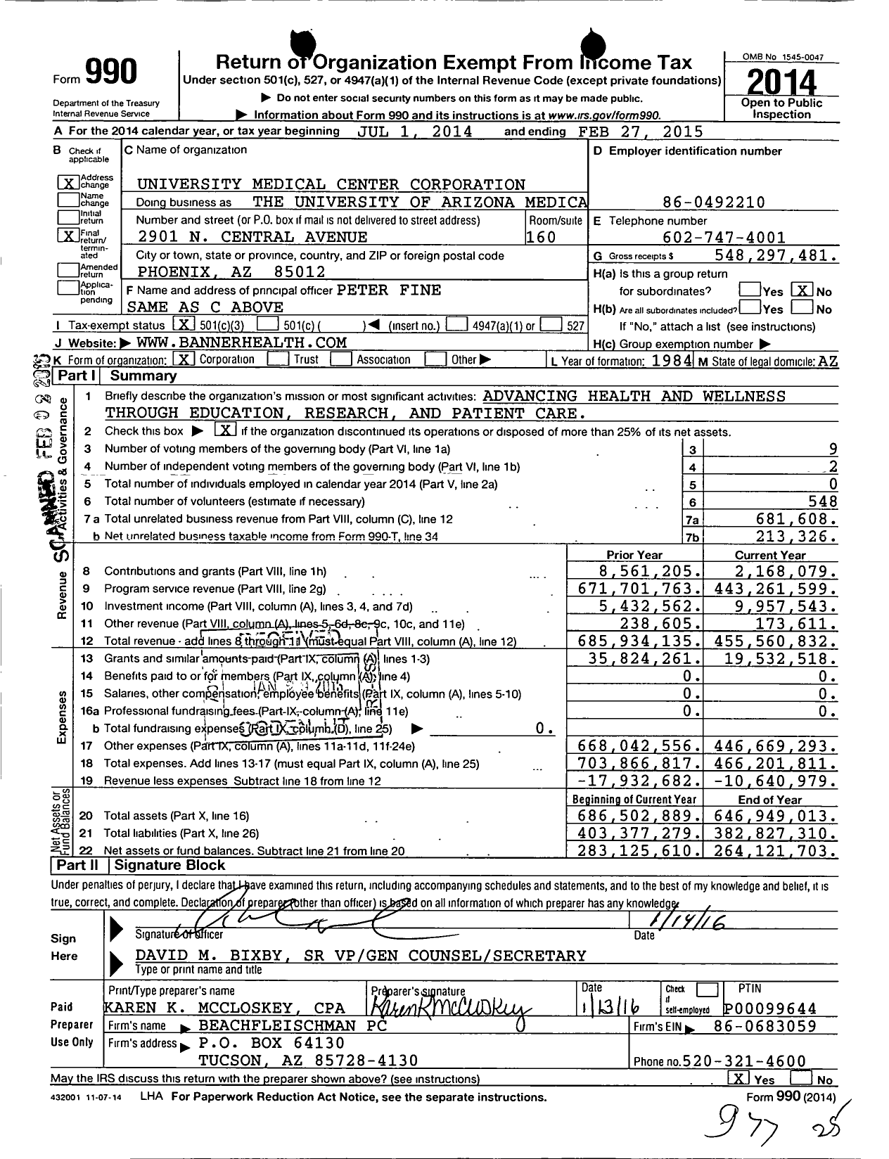 Image of first page of 2014 Form 990 for University Medical Center Corporation