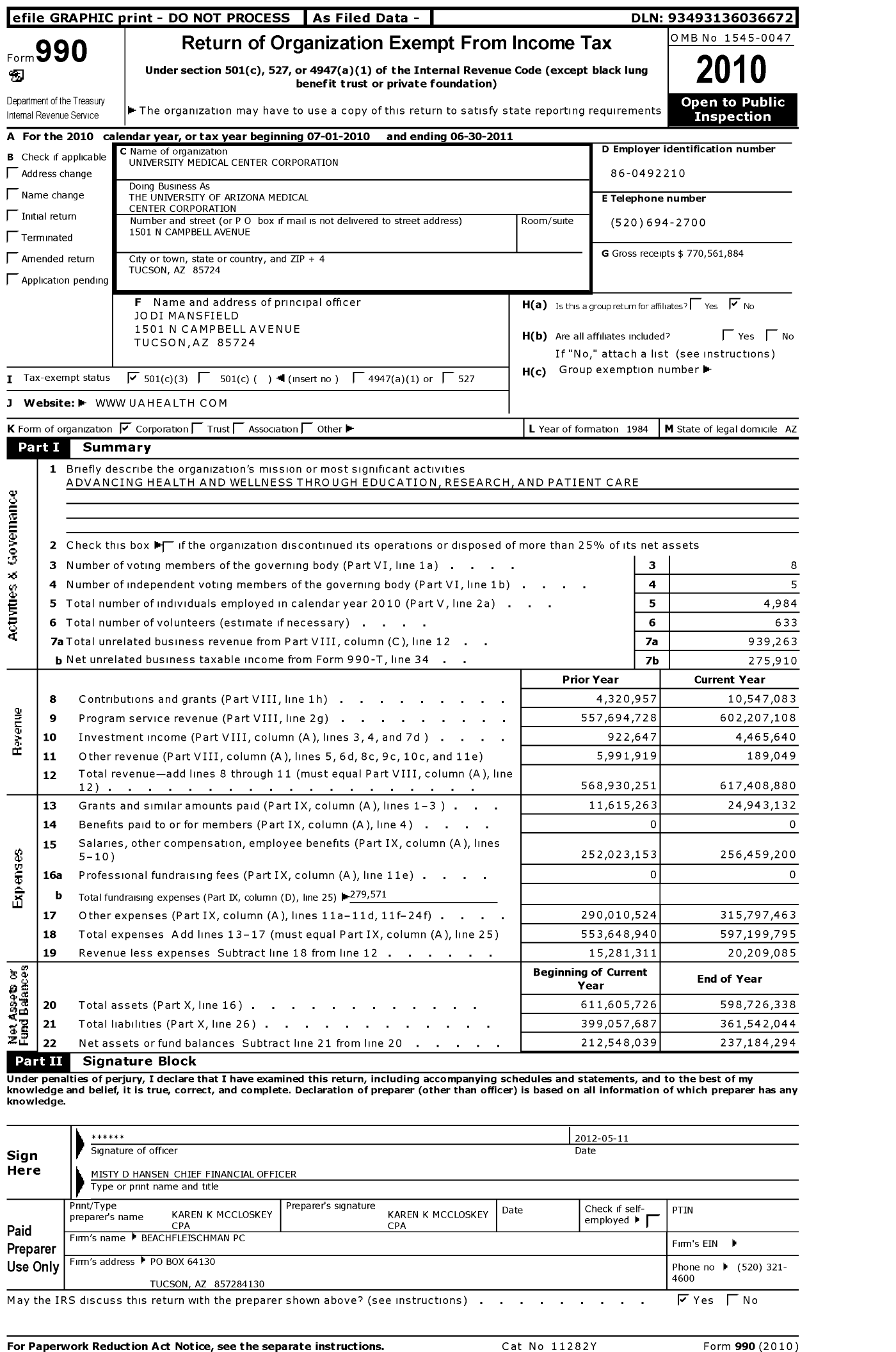 Image of first page of 2010 Form 990 for University Medical Center Corporation