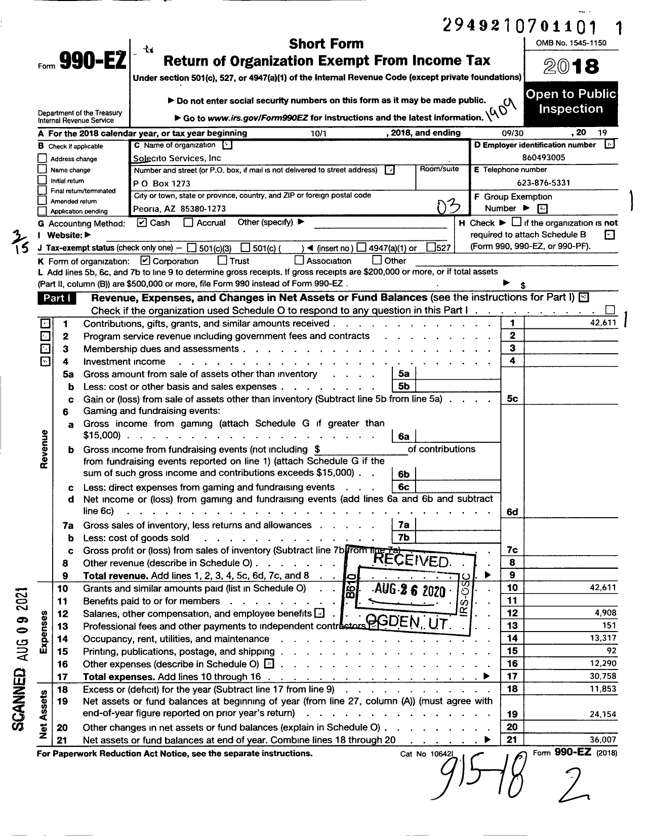 Image of first page of 2018 Form 990EZ for Solecito Services