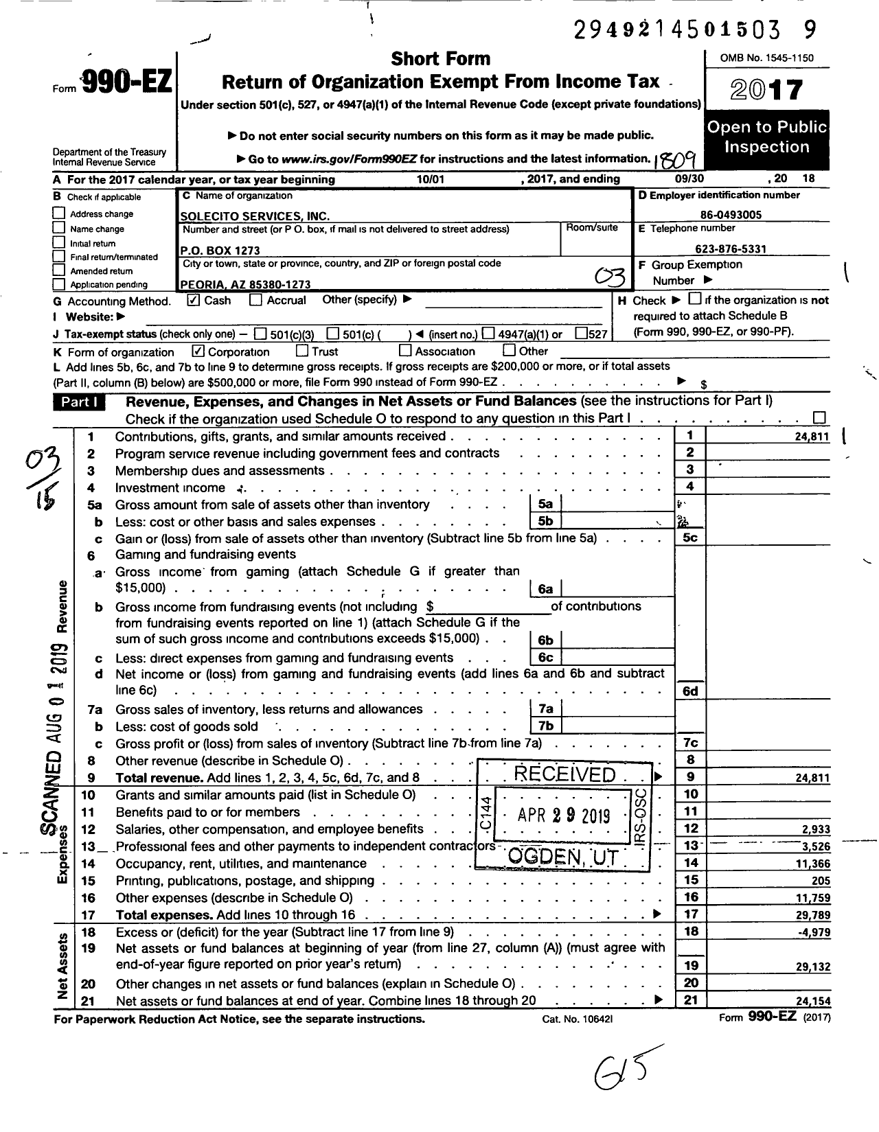 Image of first page of 2017 Form 990EZ for Solecito Services