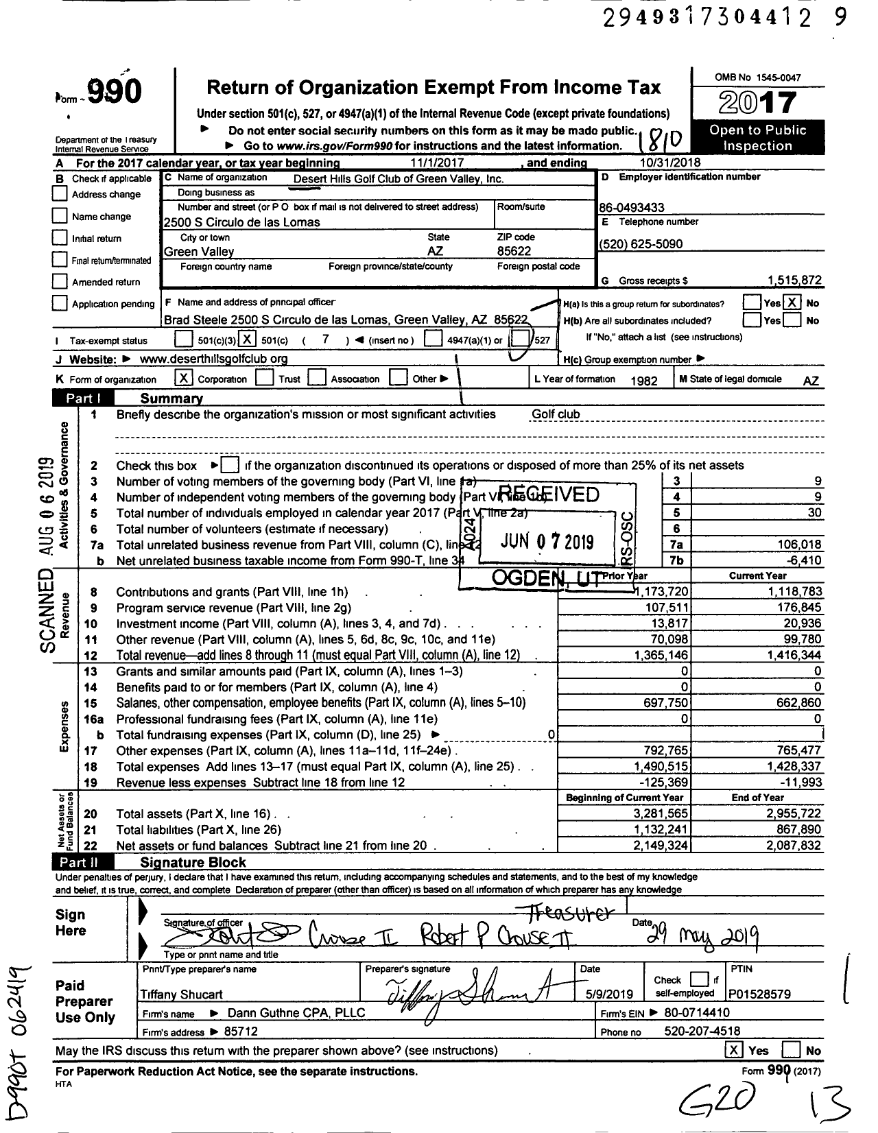 Image of first page of 2017 Form 990O for Desert Hills Golf Club of Green Valley