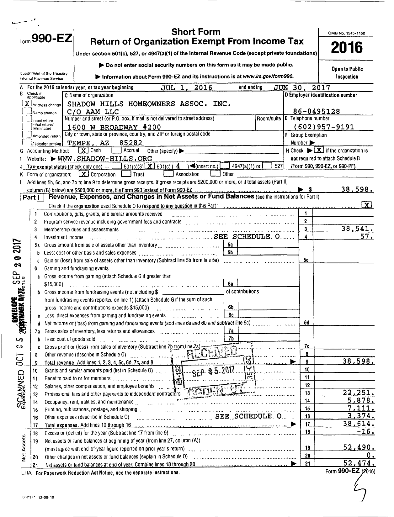 Image of first page of 2016 Form 990EO for Shadow Hills Homeowners Association