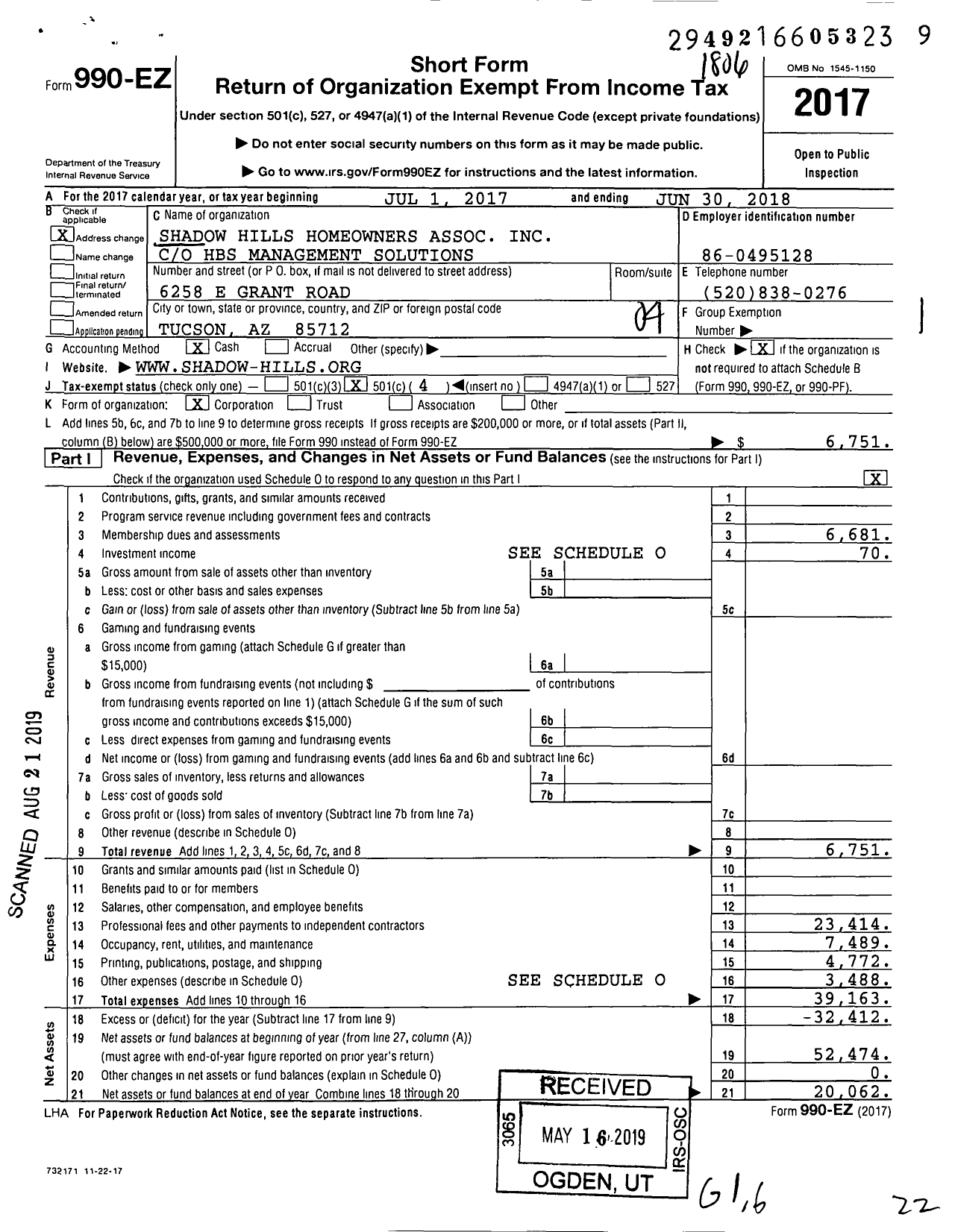 Image of first page of 2017 Form 990EO for Shadow Hills Homeowners Association