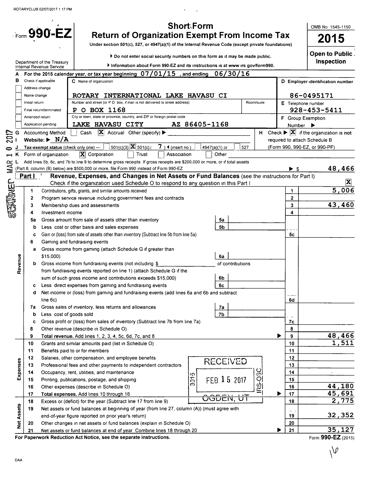 Image of first page of 2015 Form 990EO for Rotary International