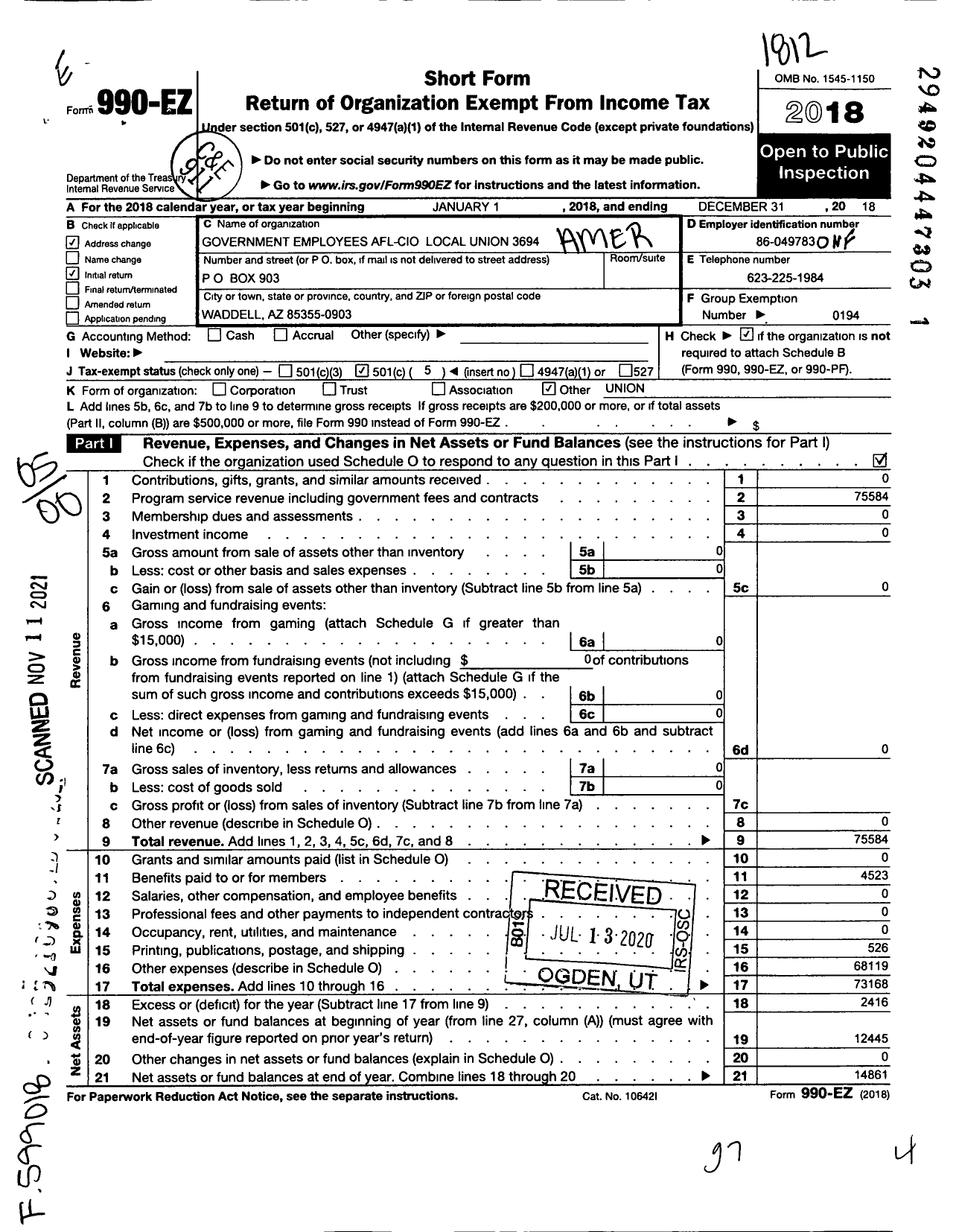 Image of first page of 2018 Form 990EO for American Federation of Government Employees - 3694 Local Afge HHS