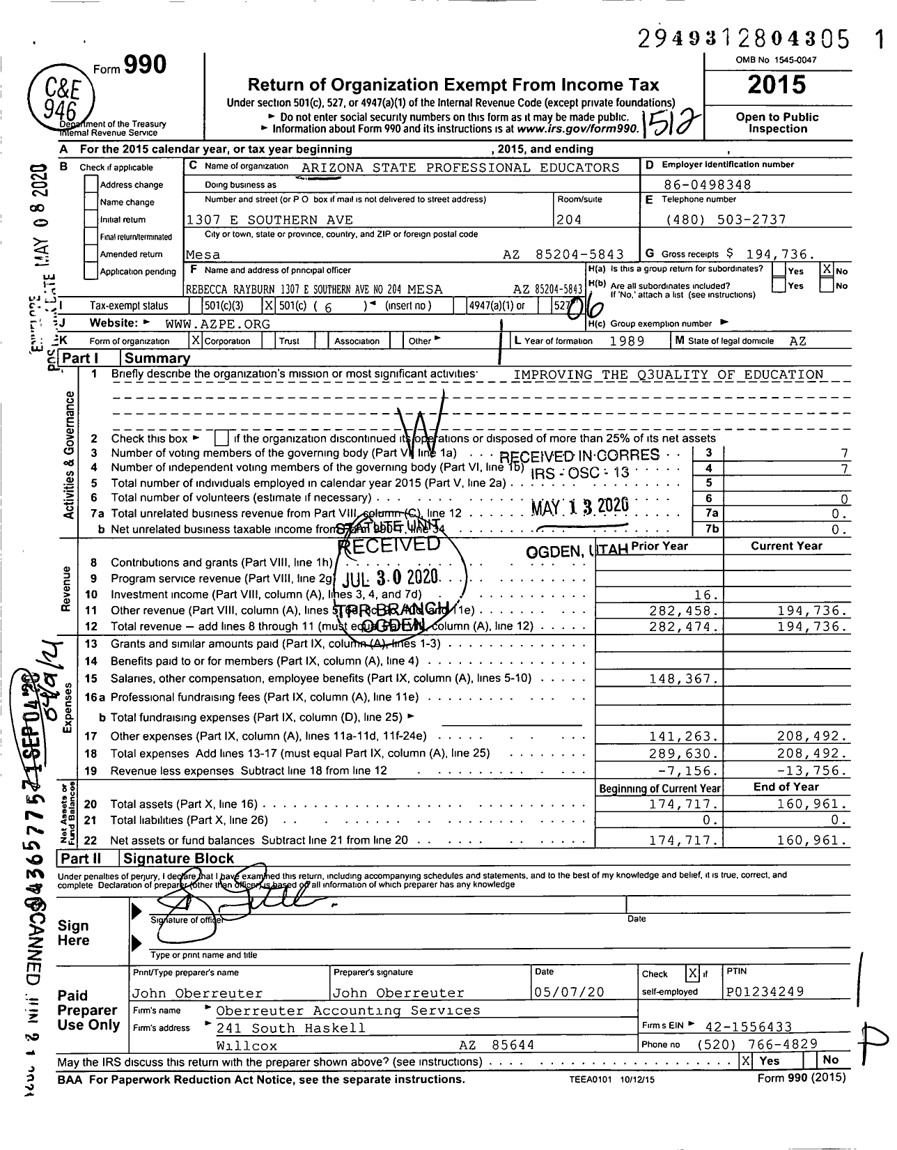 Image of first page of 2015 Form 990O for Arizona State Professional Educators