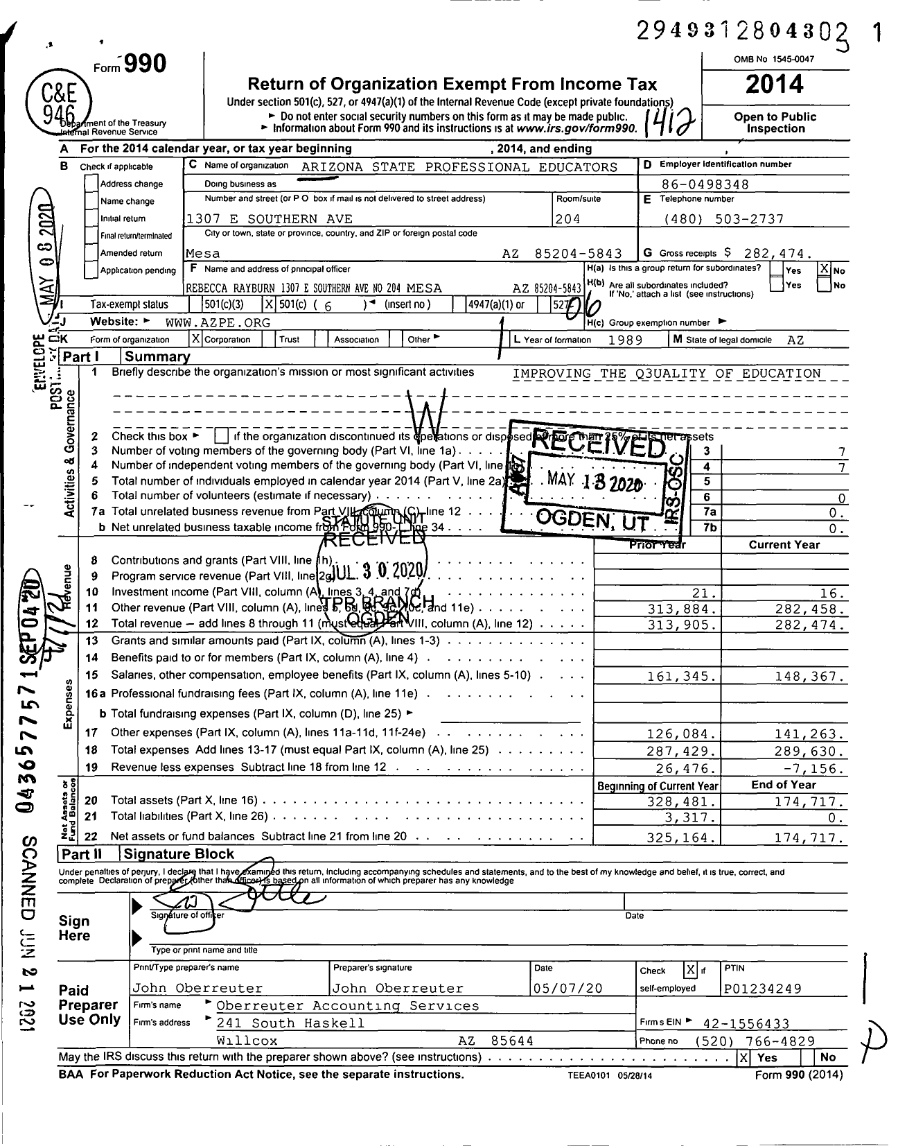 Image of first page of 2014 Form 990O for Arizona State Professional Educators