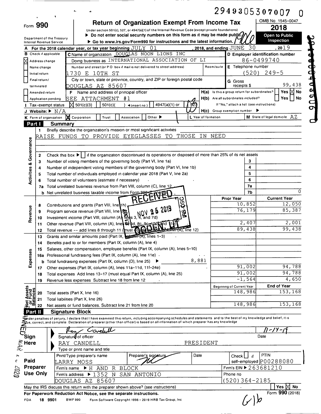 Image of first page of 2018 Form 990 for Lions Clubs - International Association of Lions