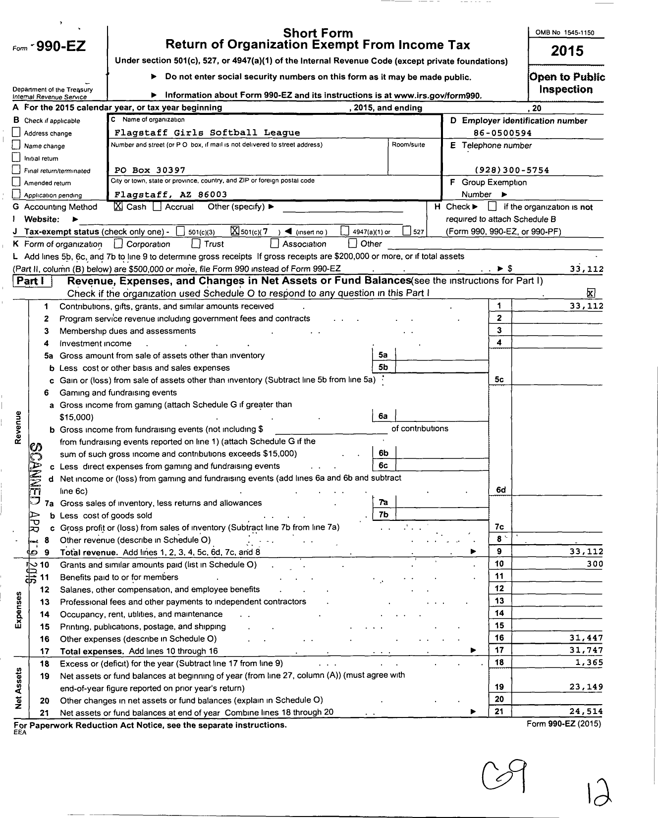 Image of first page of 2015 Form 990EO for Little League Baseball - 195669 Flagstaff Girls Softball LL