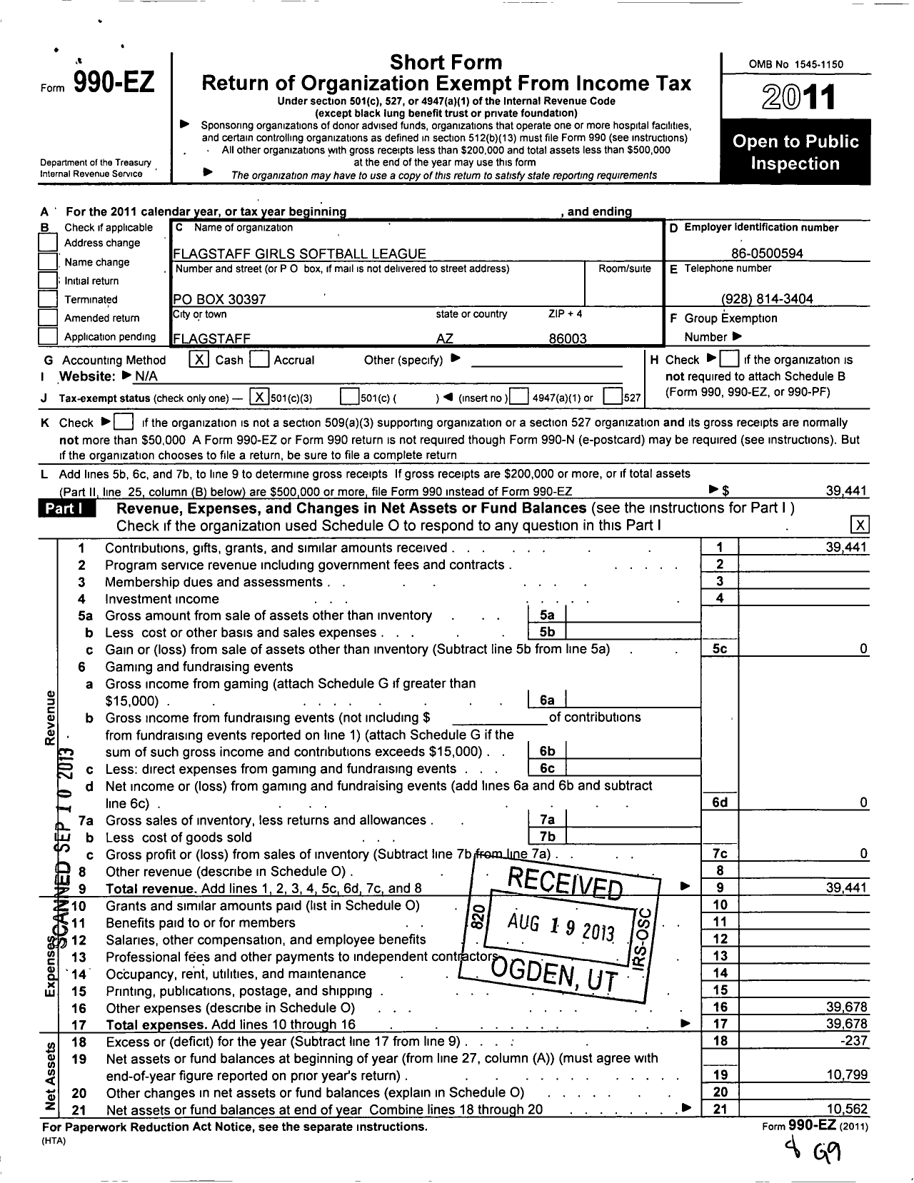 Image of first page of 2011 Form 990EZ for Little League Baseball - 195669 Flagstaff Girls Softball LL