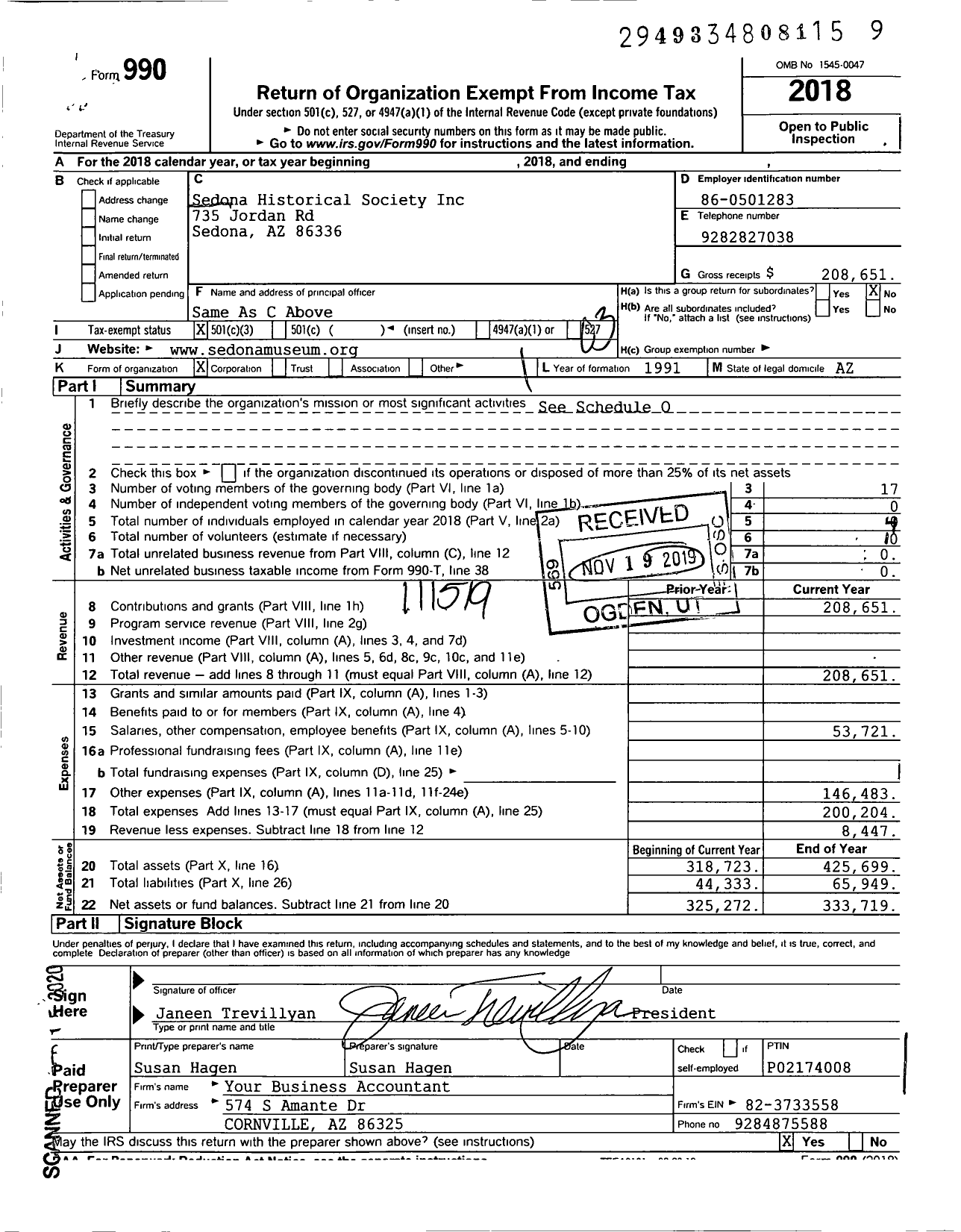 Image of first page of 2018 Form 990 for Sedona Historical Society