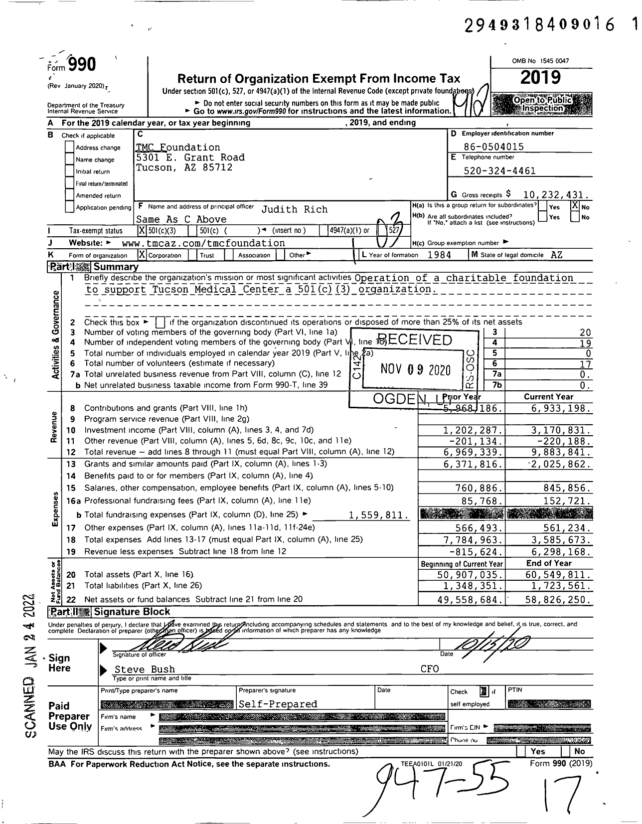 Image of first page of 2019 Form 990 for Tucson Medical Center Foundation