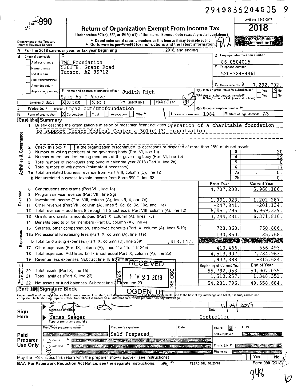 Image of first page of 2018 Form 990 for Tucson Medical Center Foundation