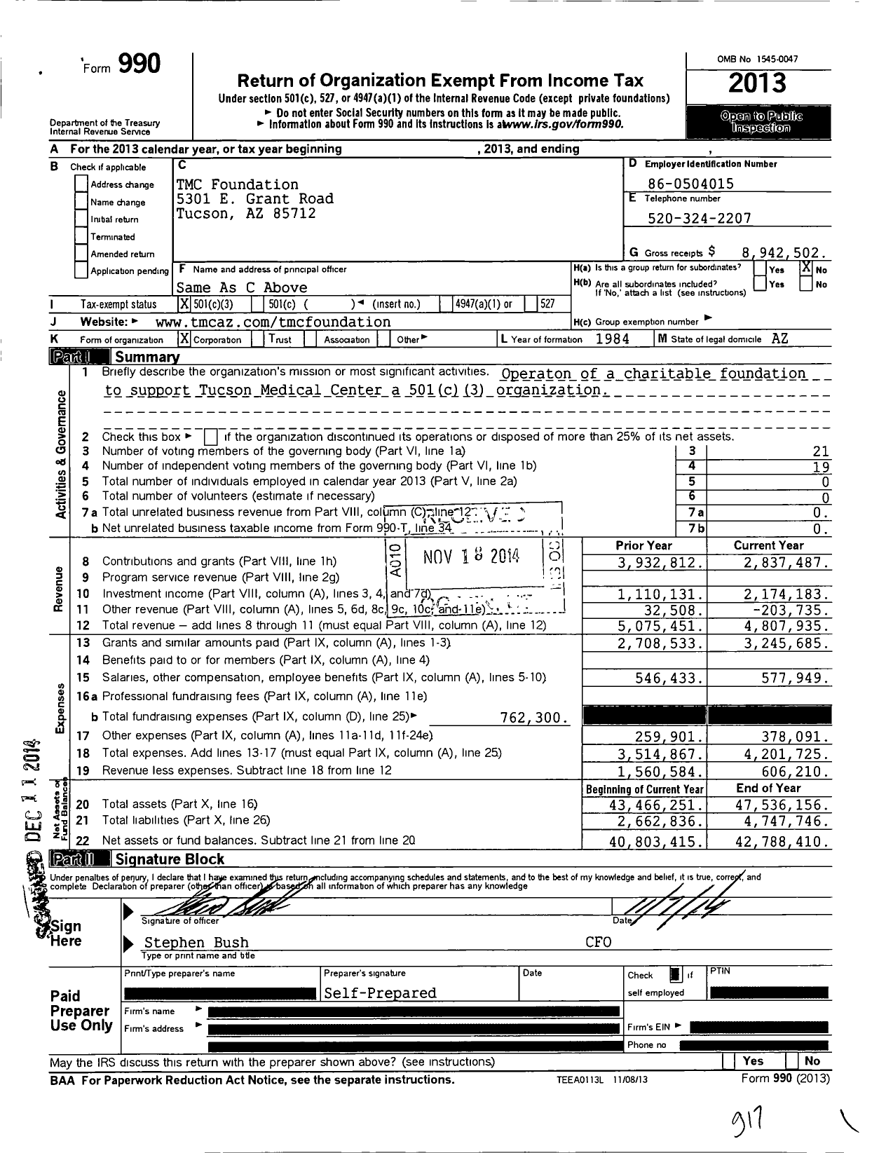 Image of first page of 2013 Form 990 for Tucson Medical Center Foundation