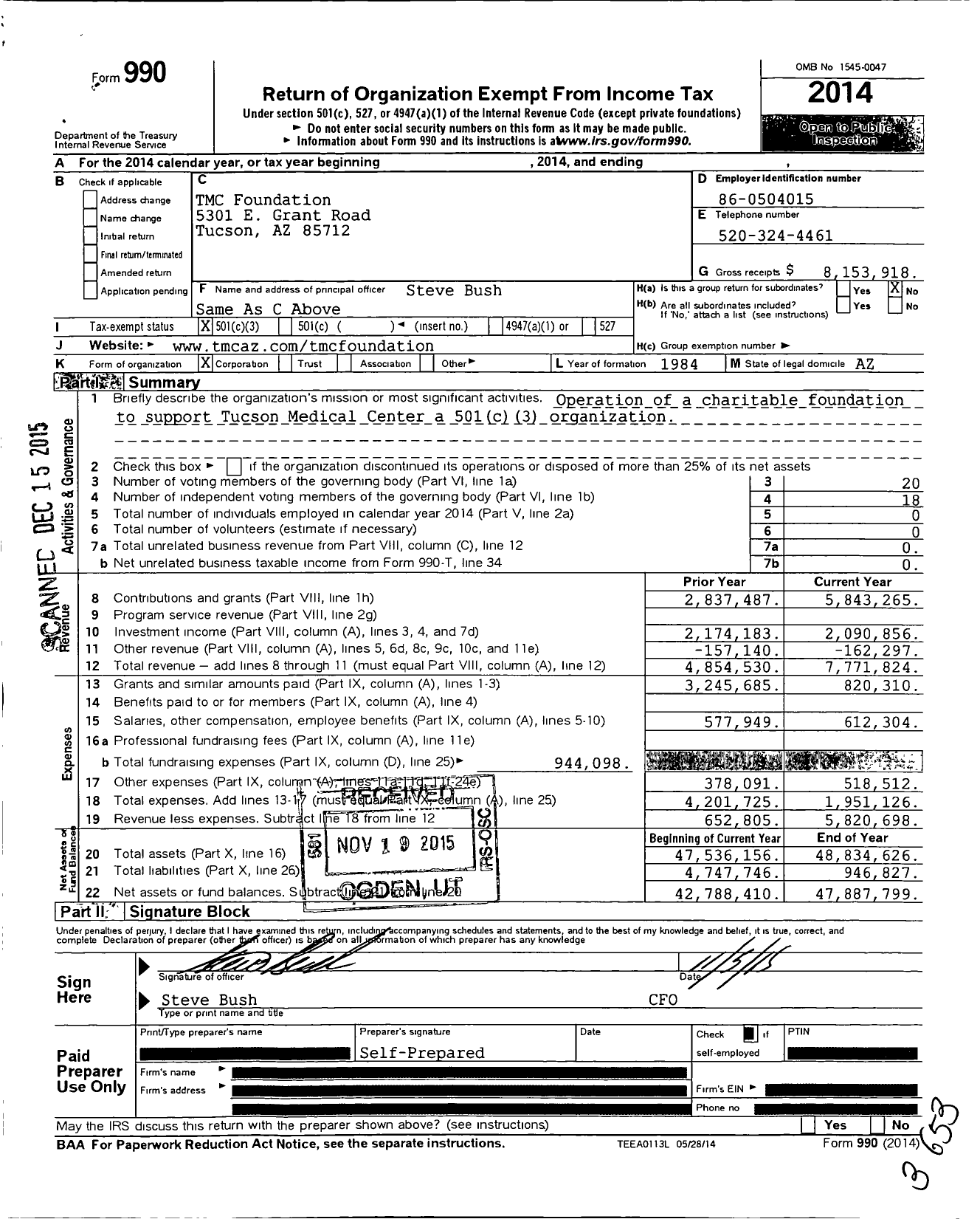 Image of first page of 2014 Form 990 for Tucson Medical Center Foundation