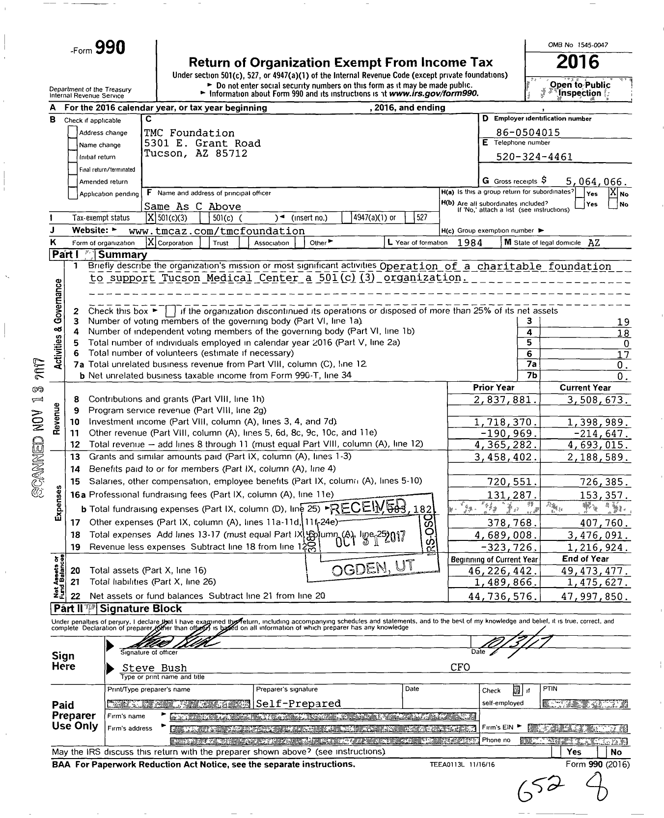Image of first page of 2016 Form 990 for Tucson Medical Center Foundation