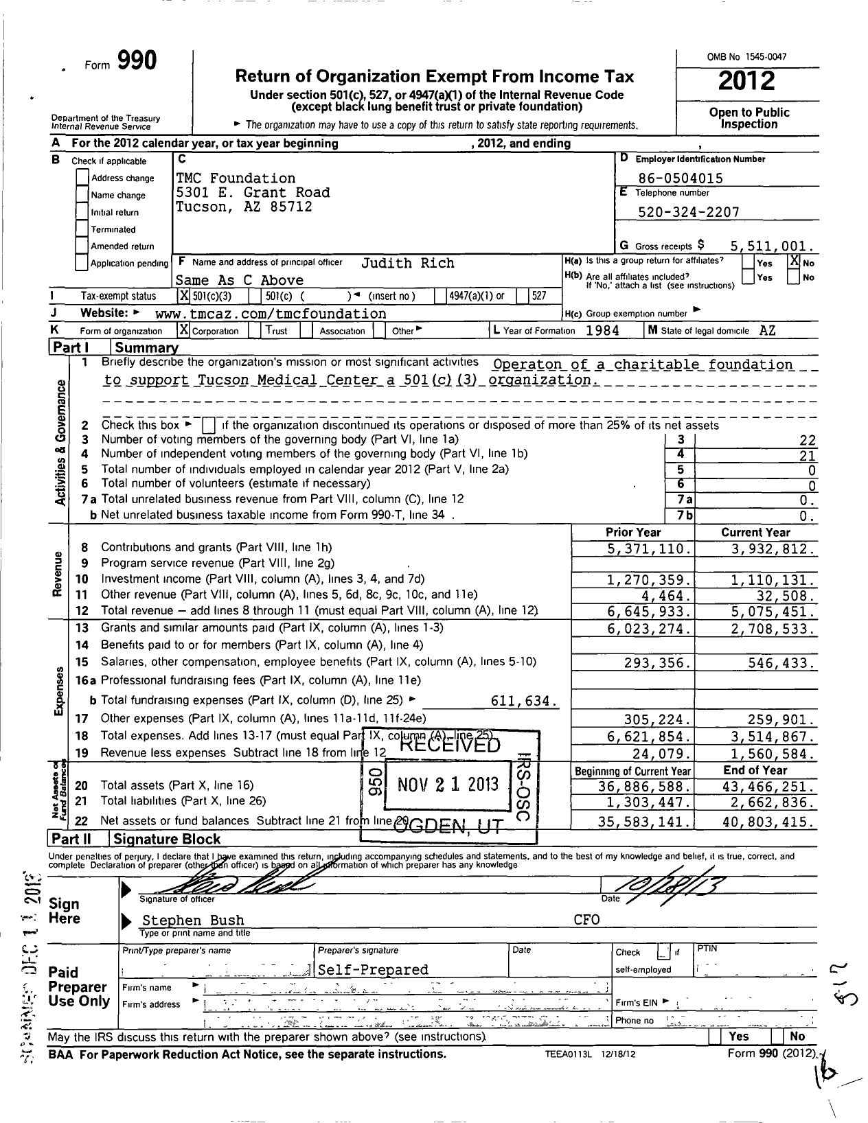 Image of first page of 2012 Form 990 for Tucson Medical Center Foundation