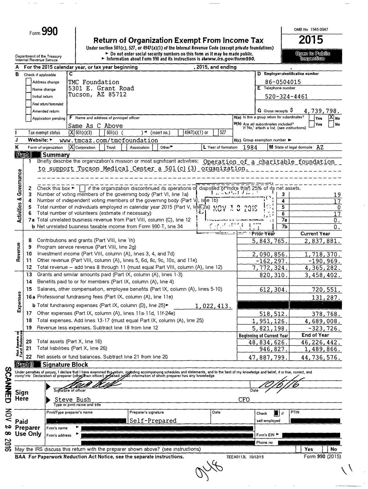 Image of first page of 2015 Form 990 for Tucson Medical Center Foundation