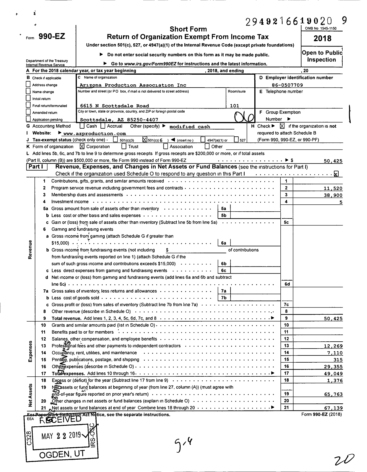 Image of first page of 2018 Form 990EO for Arizona Production Association