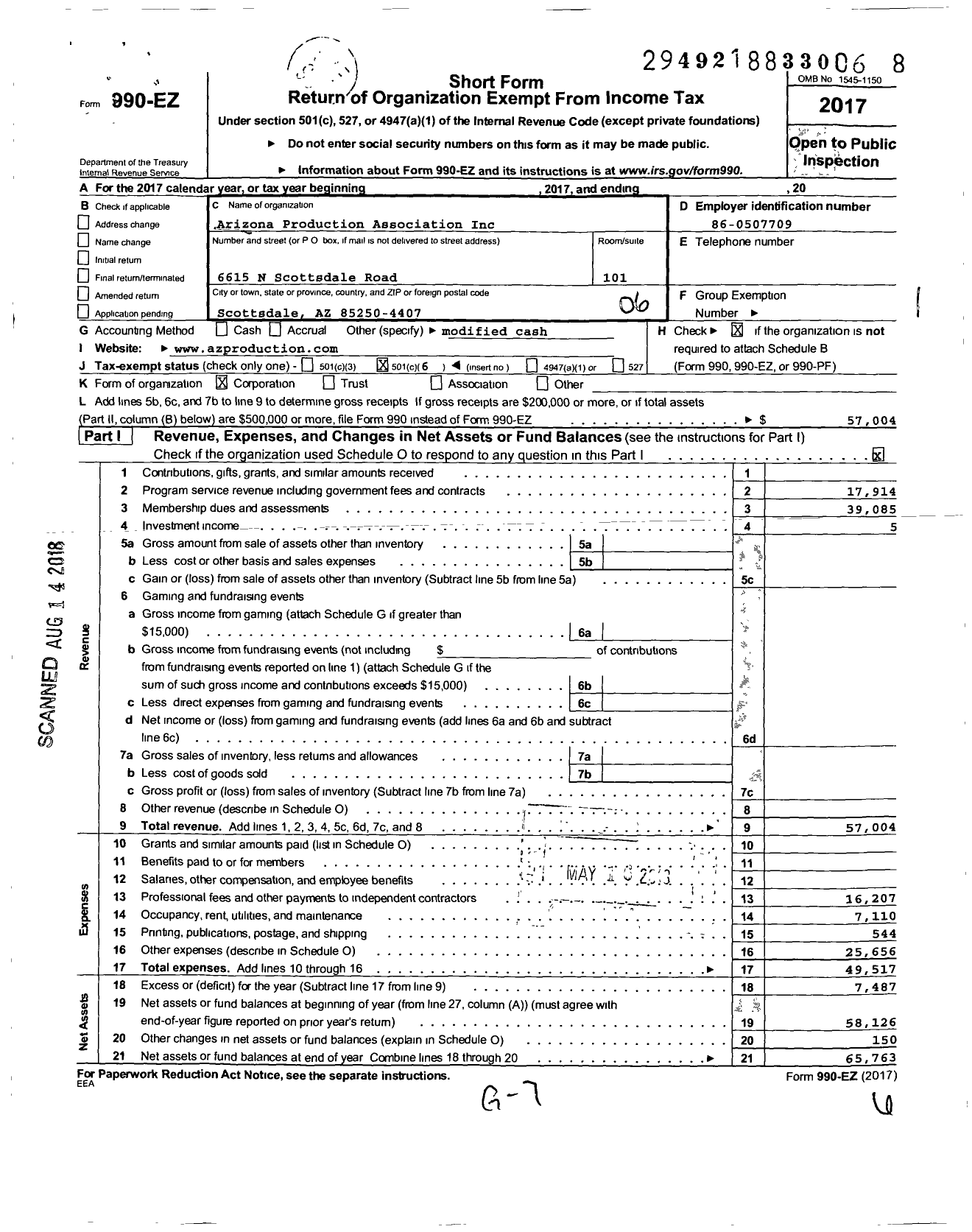 Image of first page of 2017 Form 990EO for Arizona Production Association