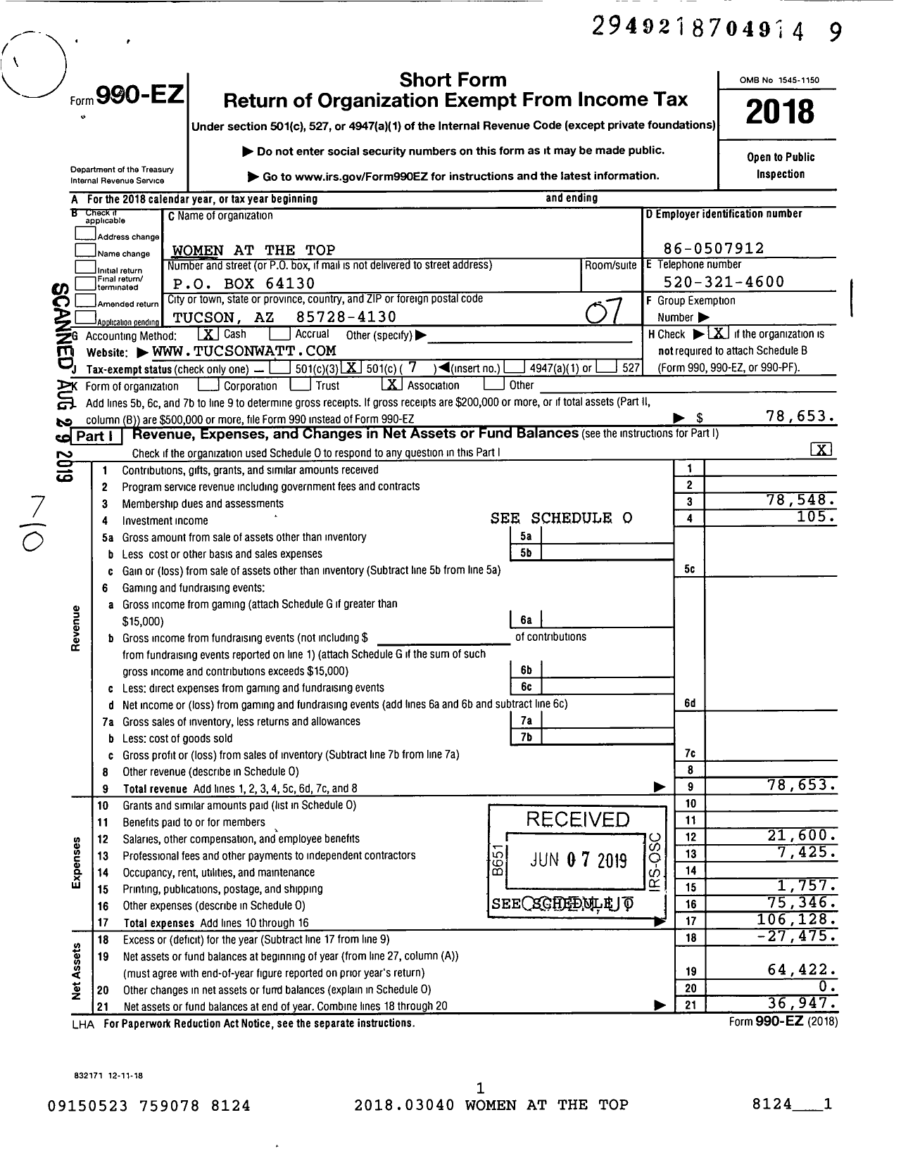 Image of first page of 2018 Form 990EO for Women at the Top