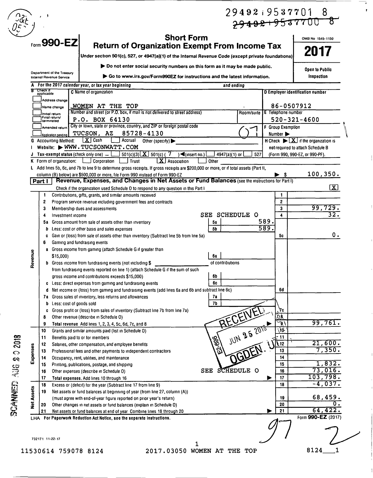 Image of first page of 2017 Form 990EO for Women at the Top