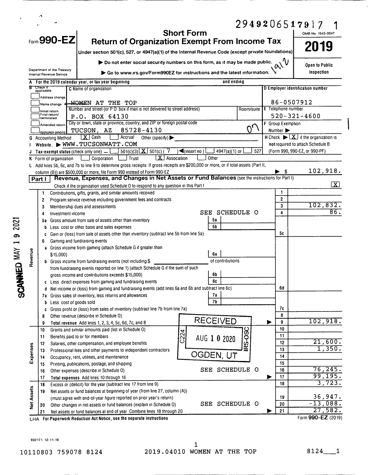 Image of first page of 2019 Form 990EO for Women at the Top