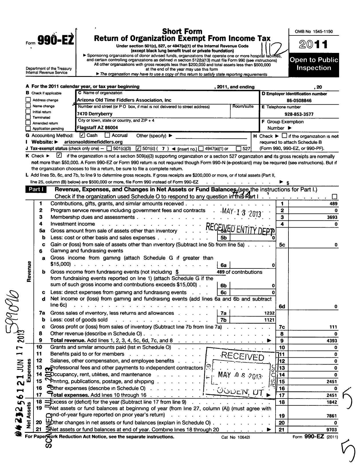 Image of first page of 2011 Form 990EO for Arizona Old-Time Fiddlers Association