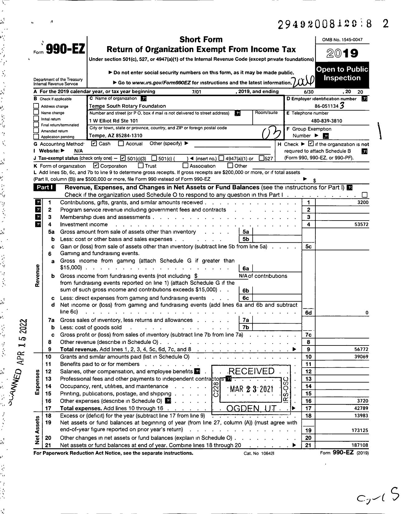 Image of first page of 2019 Form 990EZ for Tempe South Rotary Foundation