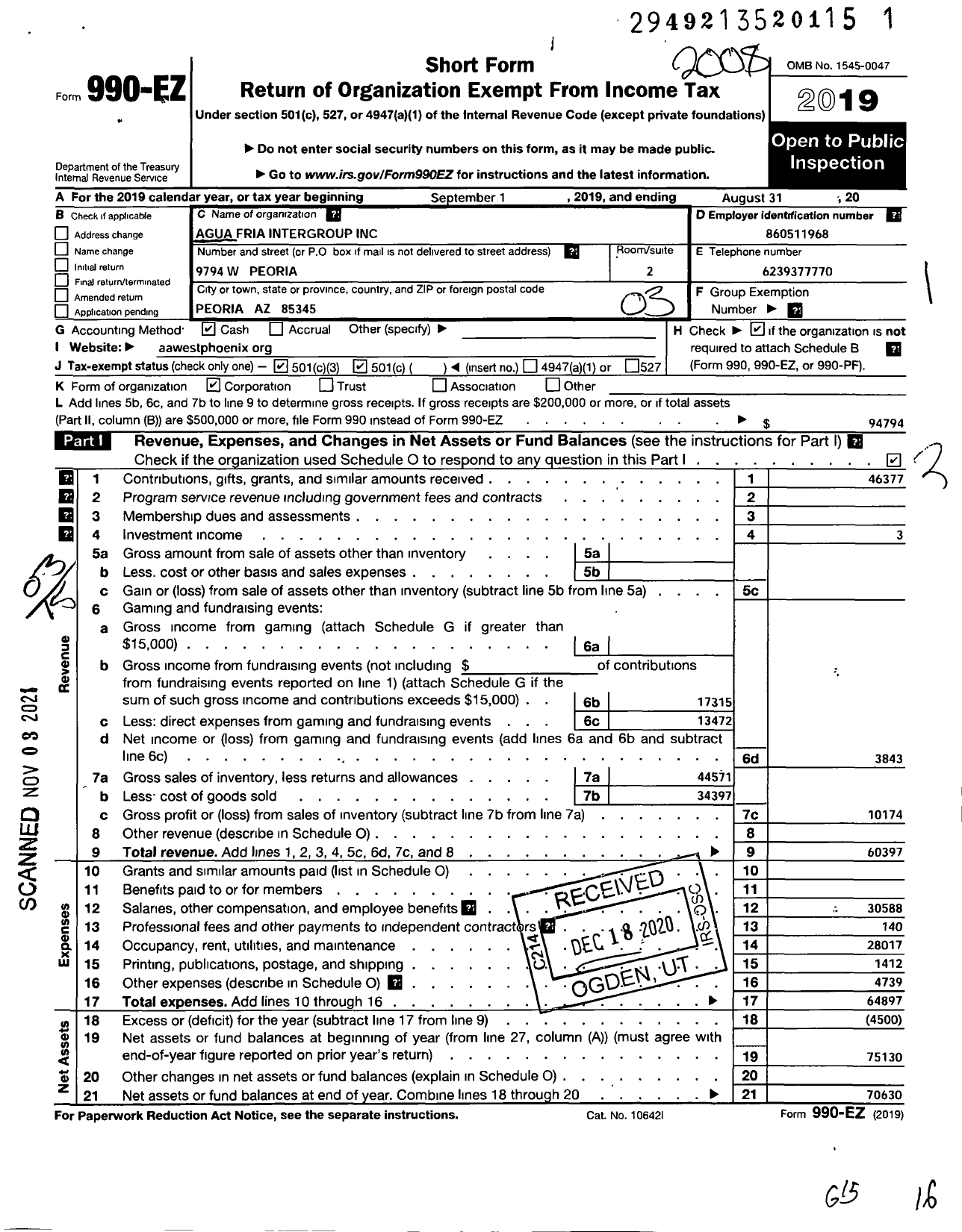 Image of first page of 2019 Form 990EZ for Agua Fria Intergroup