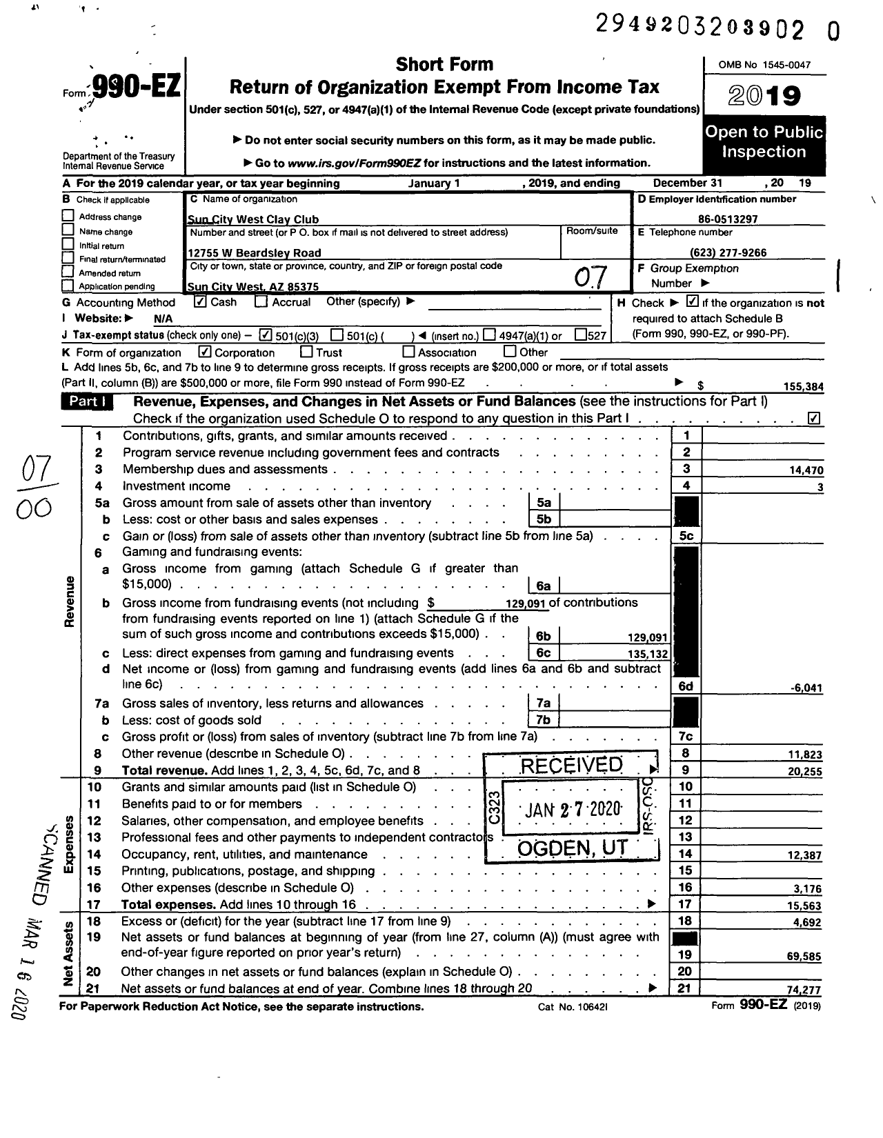 Image of first page of 2019 Form 990EO for Sun City West Clay Club