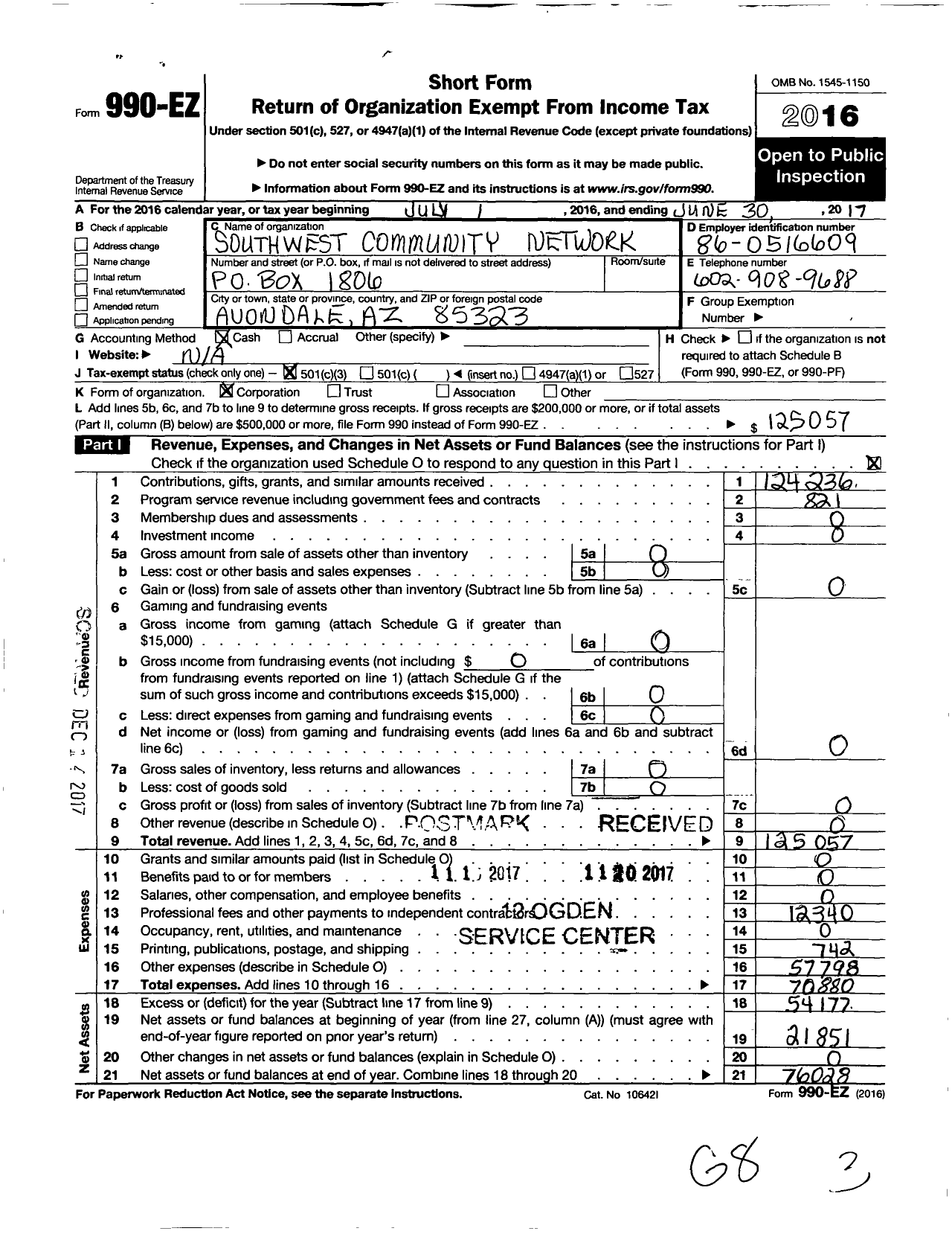 Image of first page of 2016 Form 990EZ for Southwest Community Network (SCN)