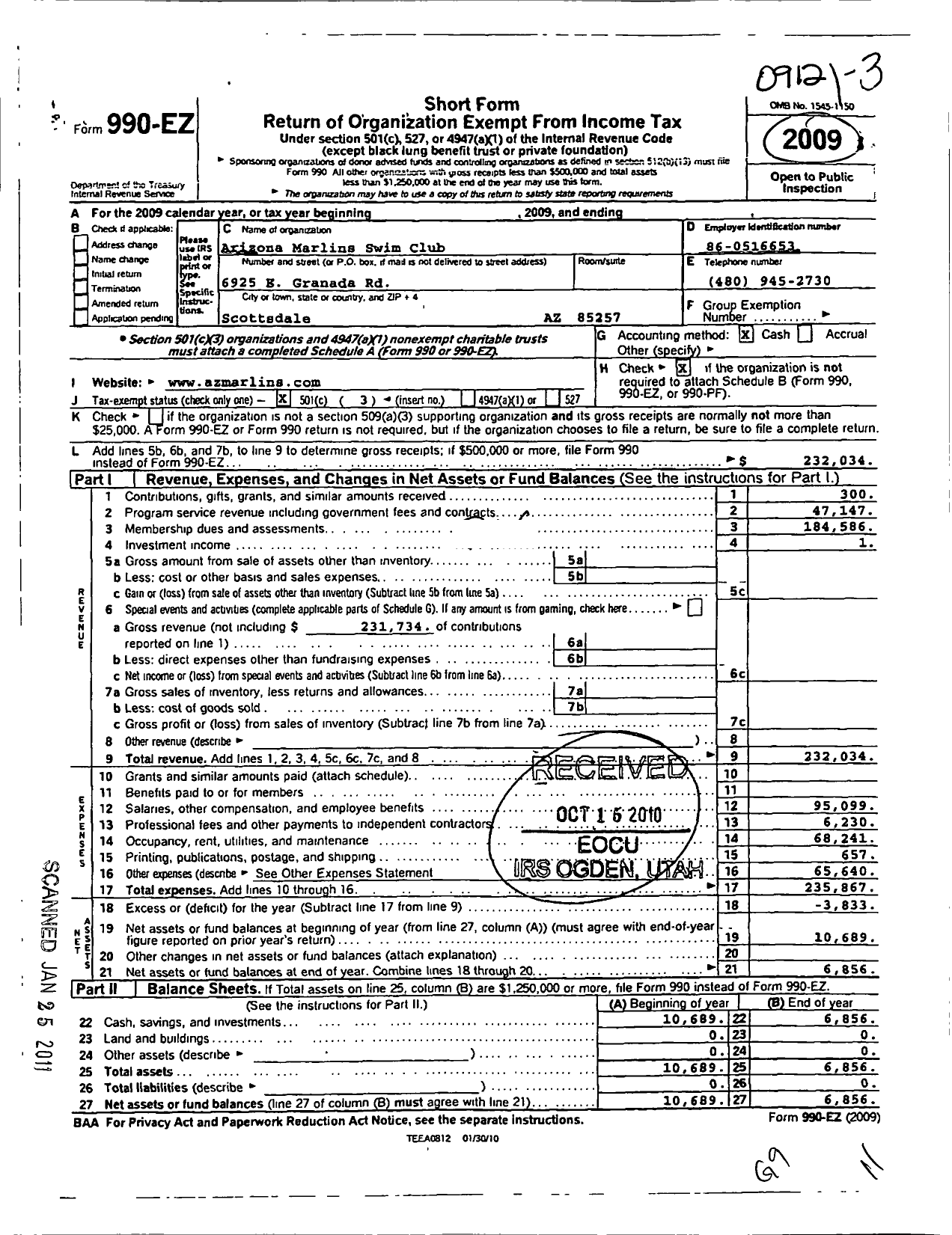 Image of first page of 2009 Form 990EZ for Arizona Marlins Swim Club