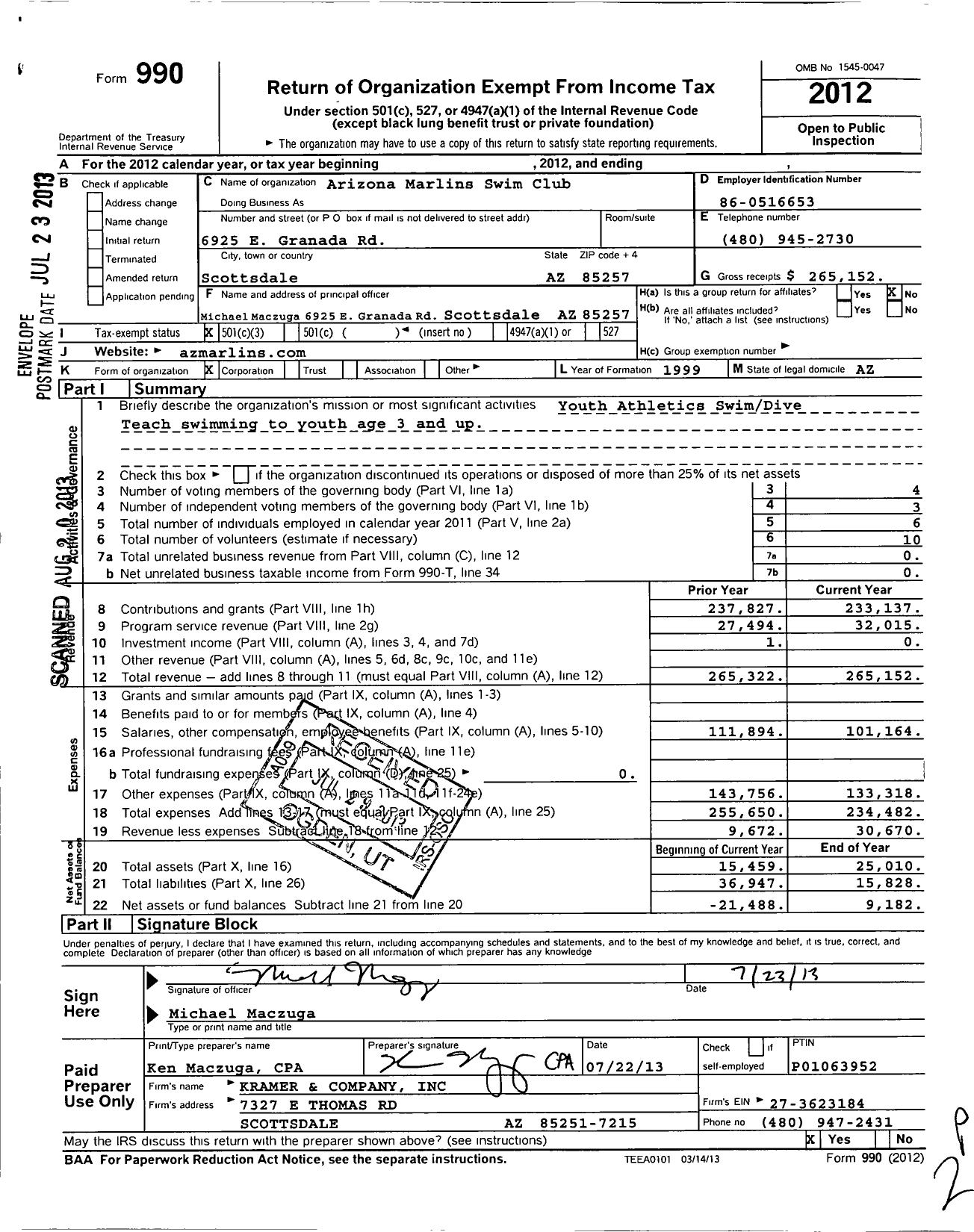 Image of first page of 2012 Form 990 for Arizona Marlins Swim Club