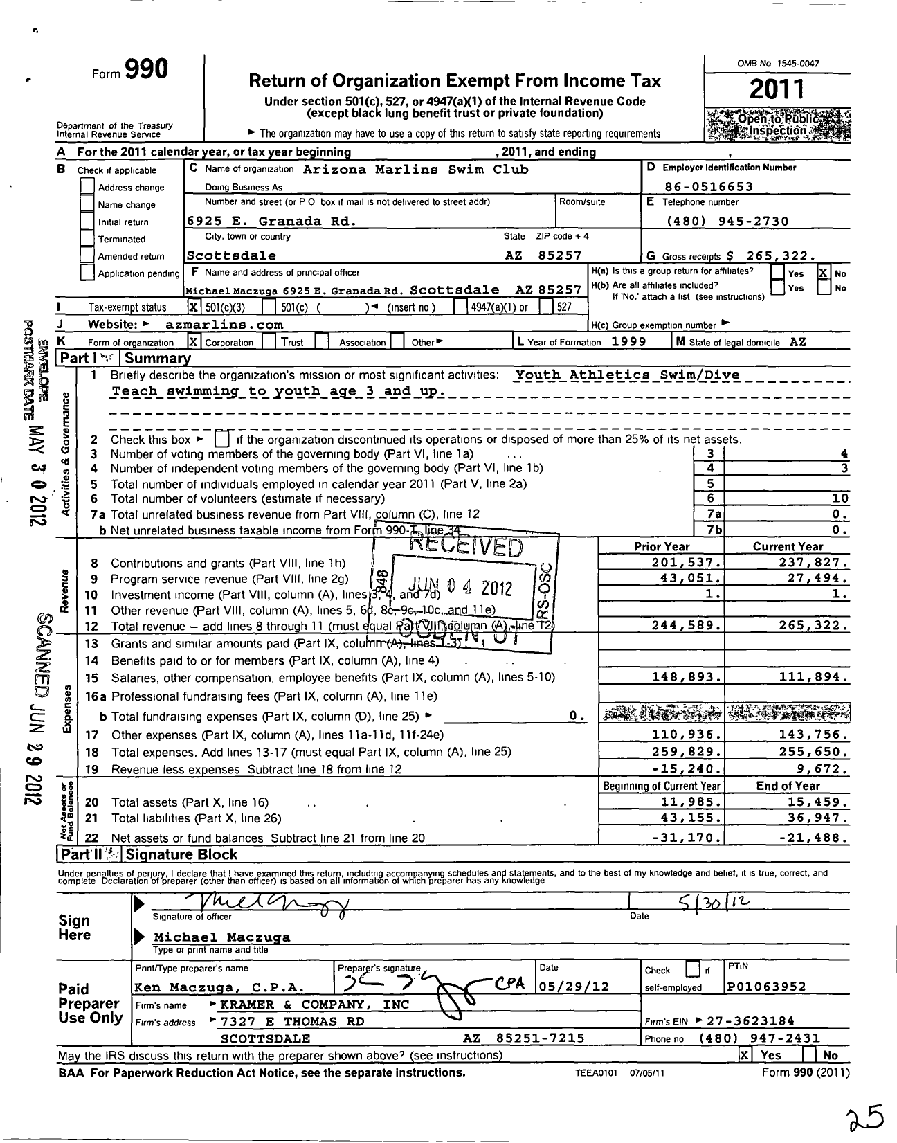 Image of first page of 2011 Form 990 for Arizona Marlins Swim Club