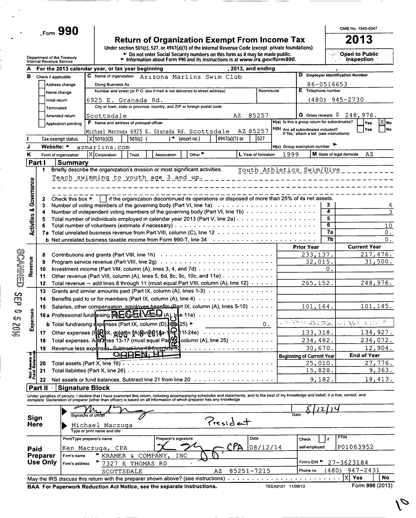 Image of first page of 2013 Form 990 for Arizona Marlins Swim Club