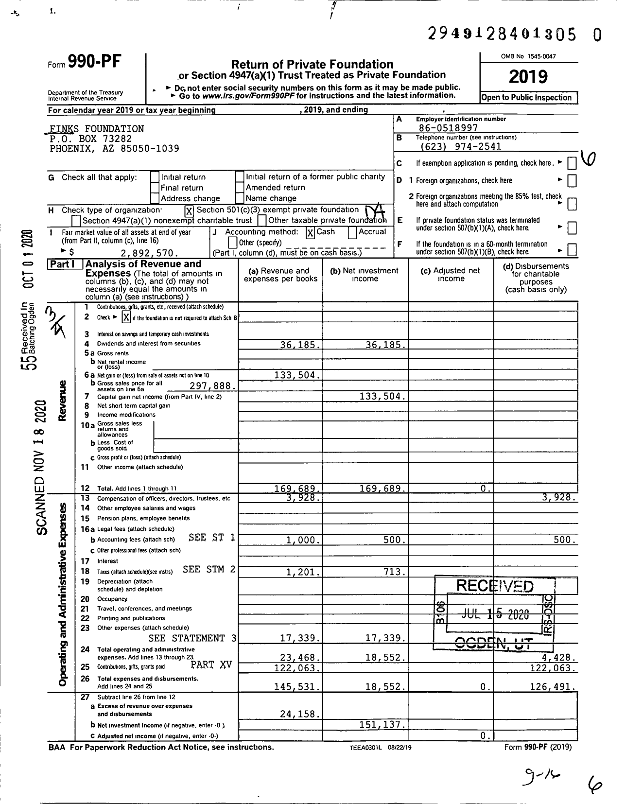 Image of first page of 2019 Form 990PF for Finks Foundation
