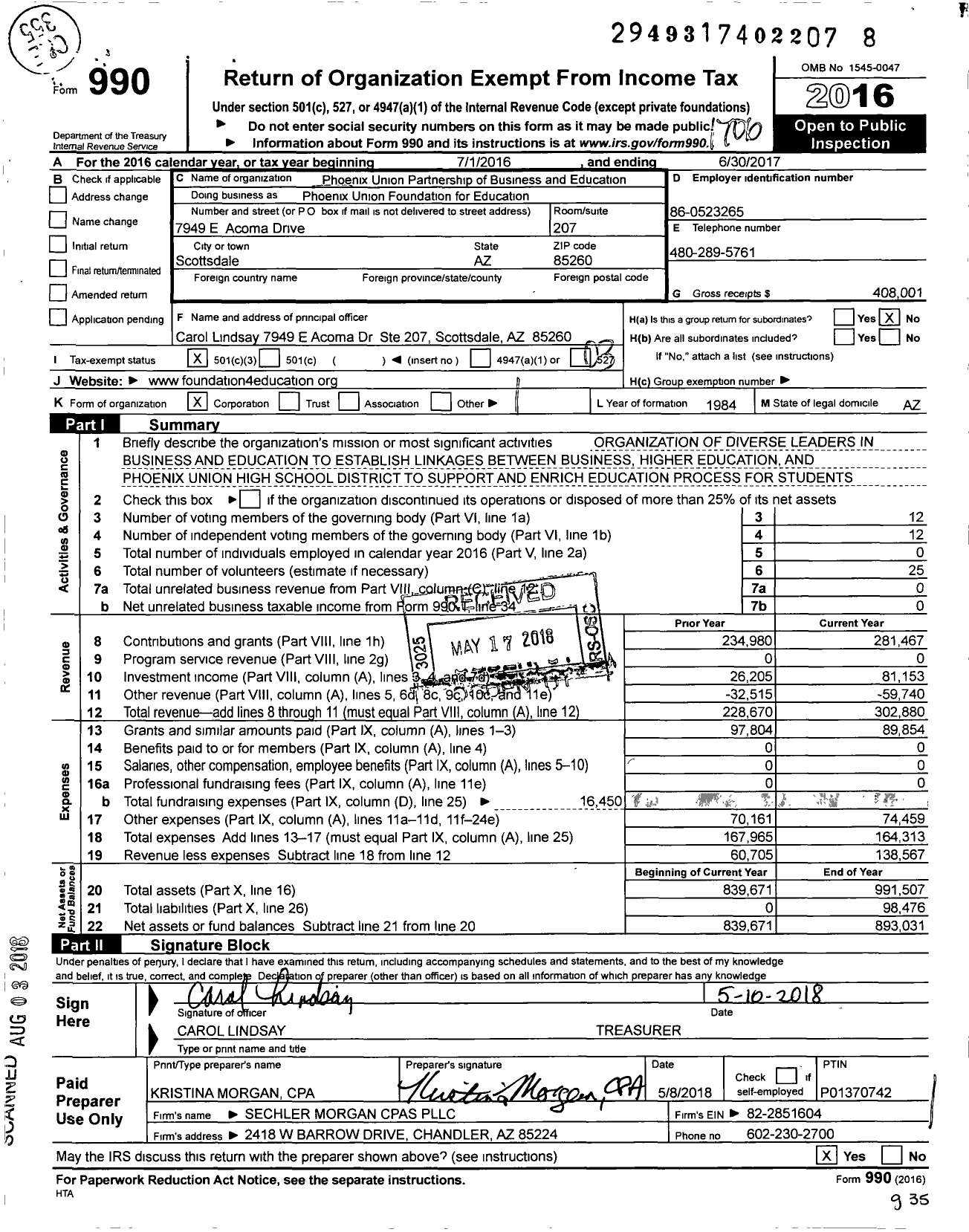 Image of first page of 2016 Form 990 for Phoenix Union Foundation for Education