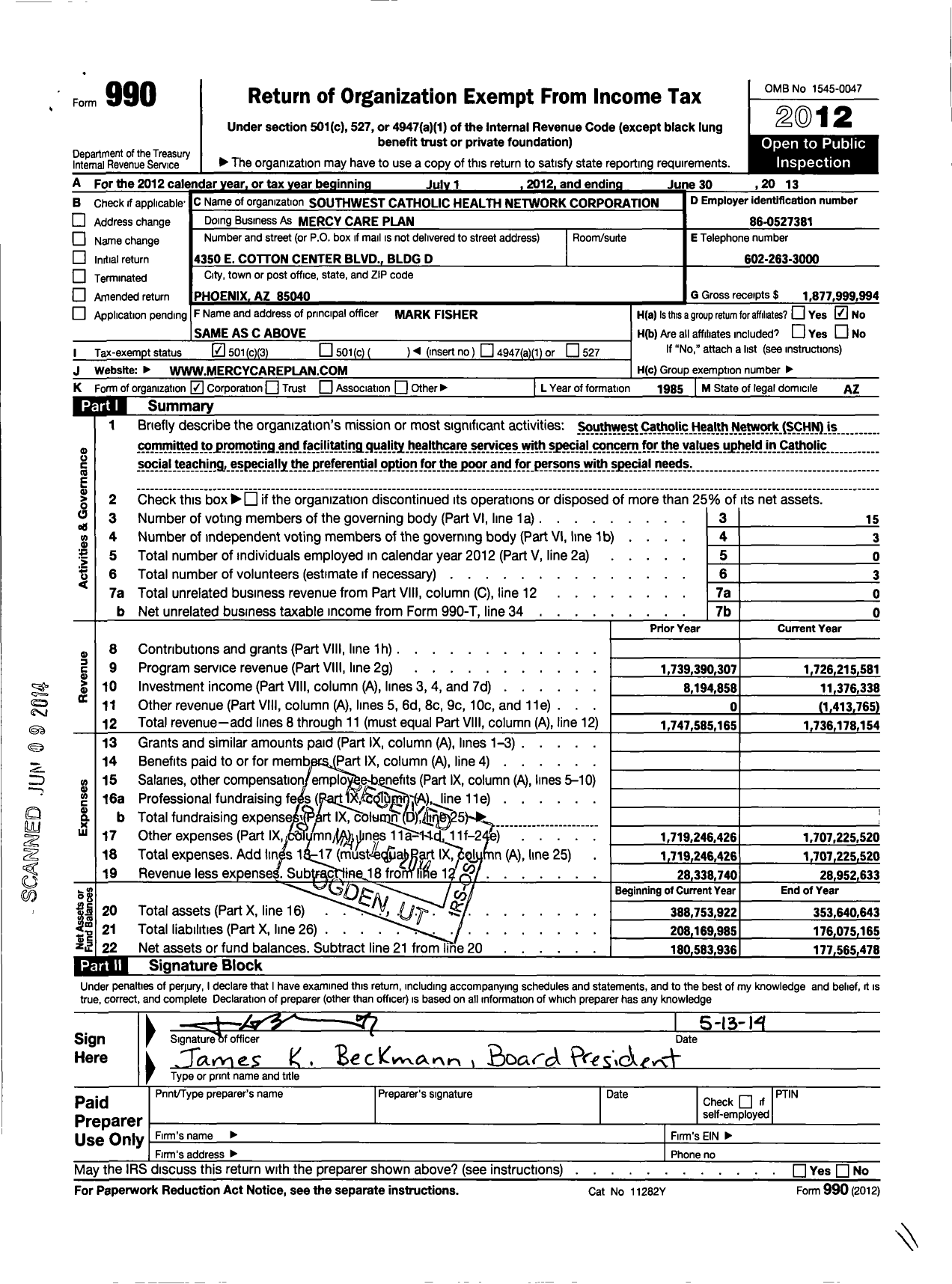 Image of first page of 2012 Form 990 for Mercy Care Plan